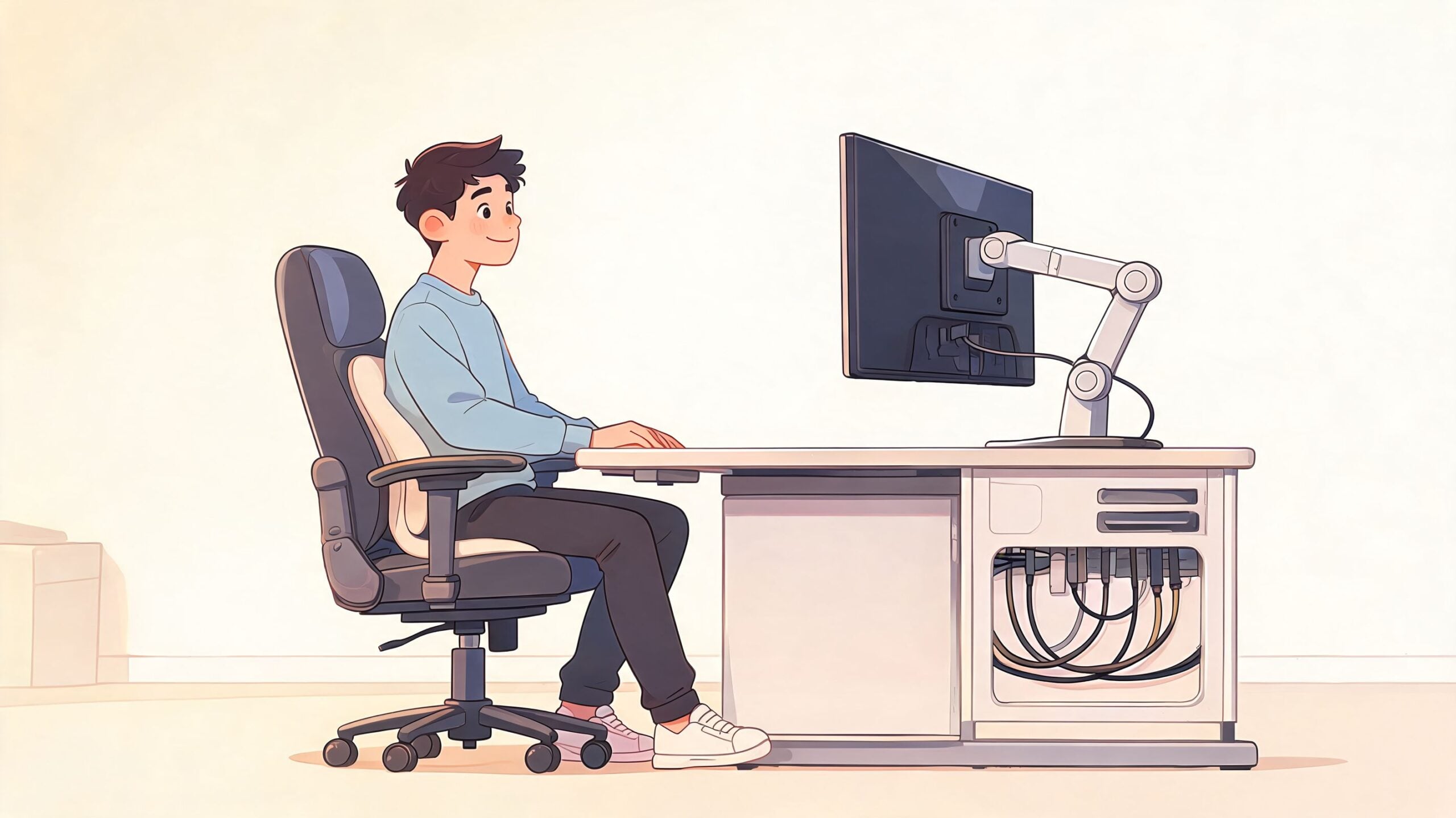 A young man sitting at a desk with an integrated monitor arm and cable management system.