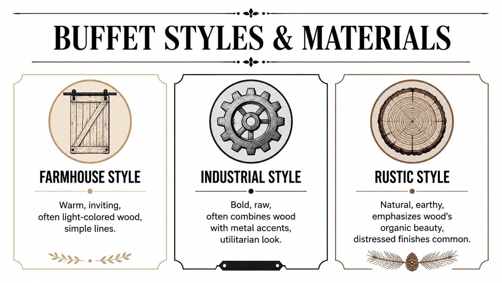 A design guide infographic titled Buffet Styles & Materials showing Farmhouse, Industrial, and Rustic interior styles.