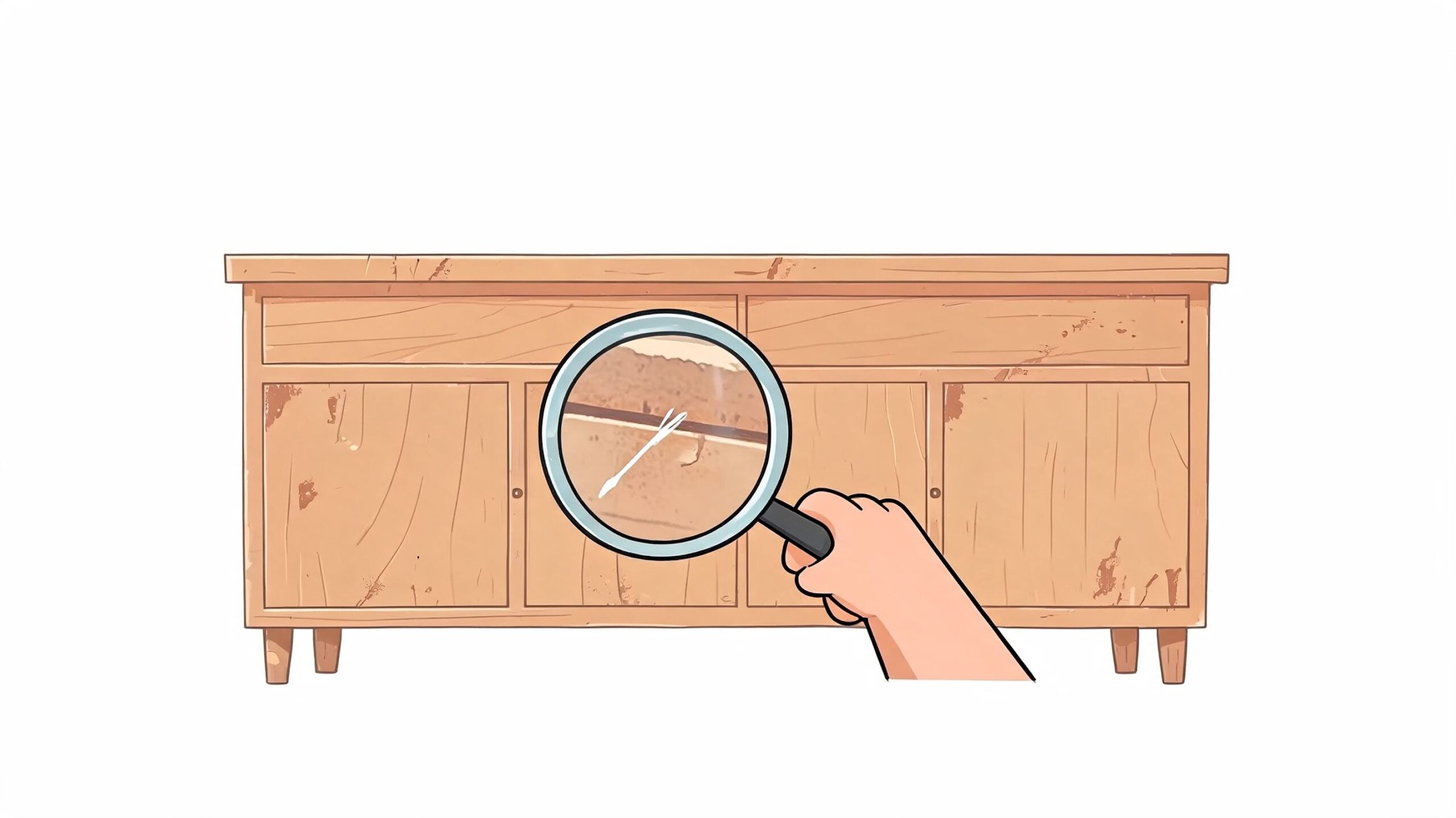 A hand holding a magnifying glass inspecting damage on the surface of a light brown wooden buffet.