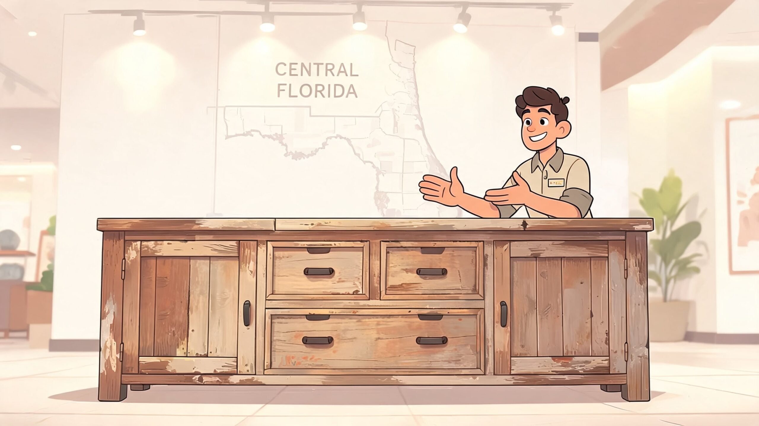 A friendly staff member standing behind a rustic, distressed wood buffet in a brightly lit showroom.