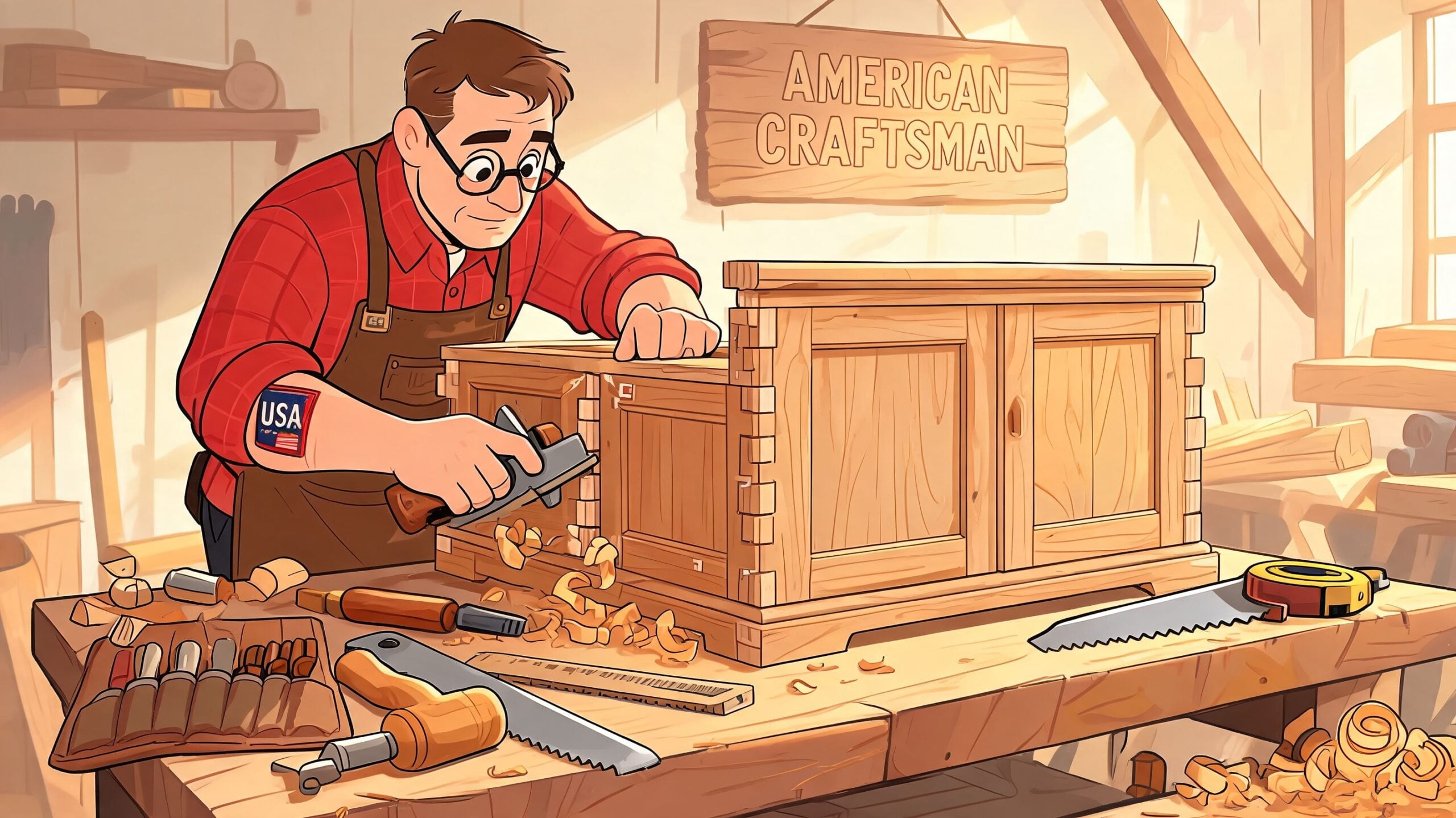 A skilled American craftsman uses a hand plane to shape a custom distressed wood buffet cabinet.