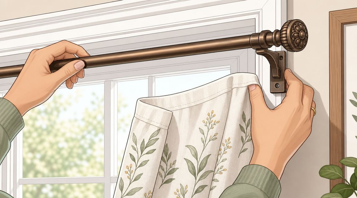 Hands installing a cafe curtain onto a bronze curtain rod mounted above a white window frame.