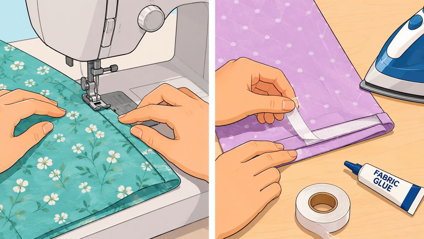 A split image showing two methods for hemming fabric, using a sewing machine and iron-on adhesive tape.