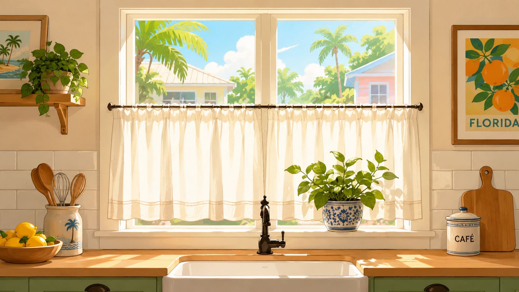 A cozy sunny kitchen window featuring DIY cafe curtains above a farmhouse sink with indoor plants.