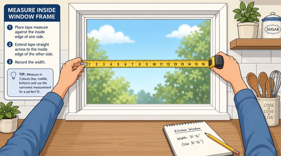 A person measuring the width of a kitchen window inside the frame using a yellow tape measure.