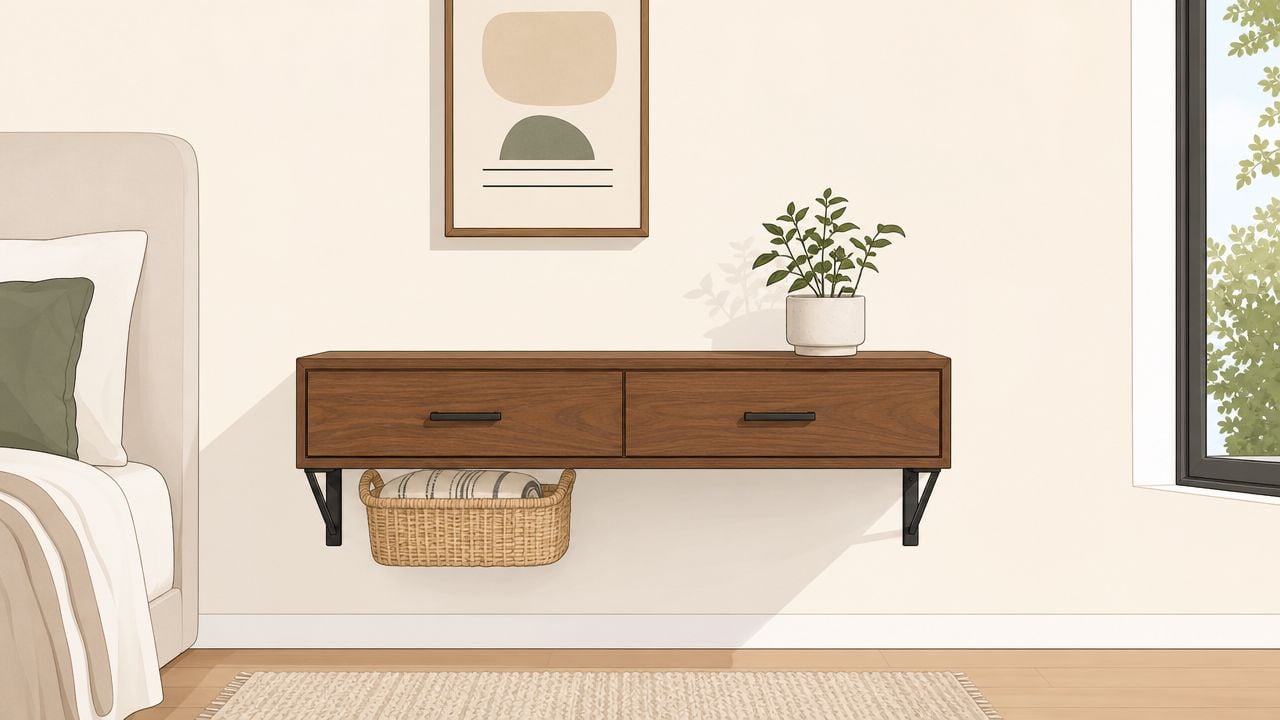 A wooden floating nightstand with two drawers mounted on a bedroom wall beside a bed.