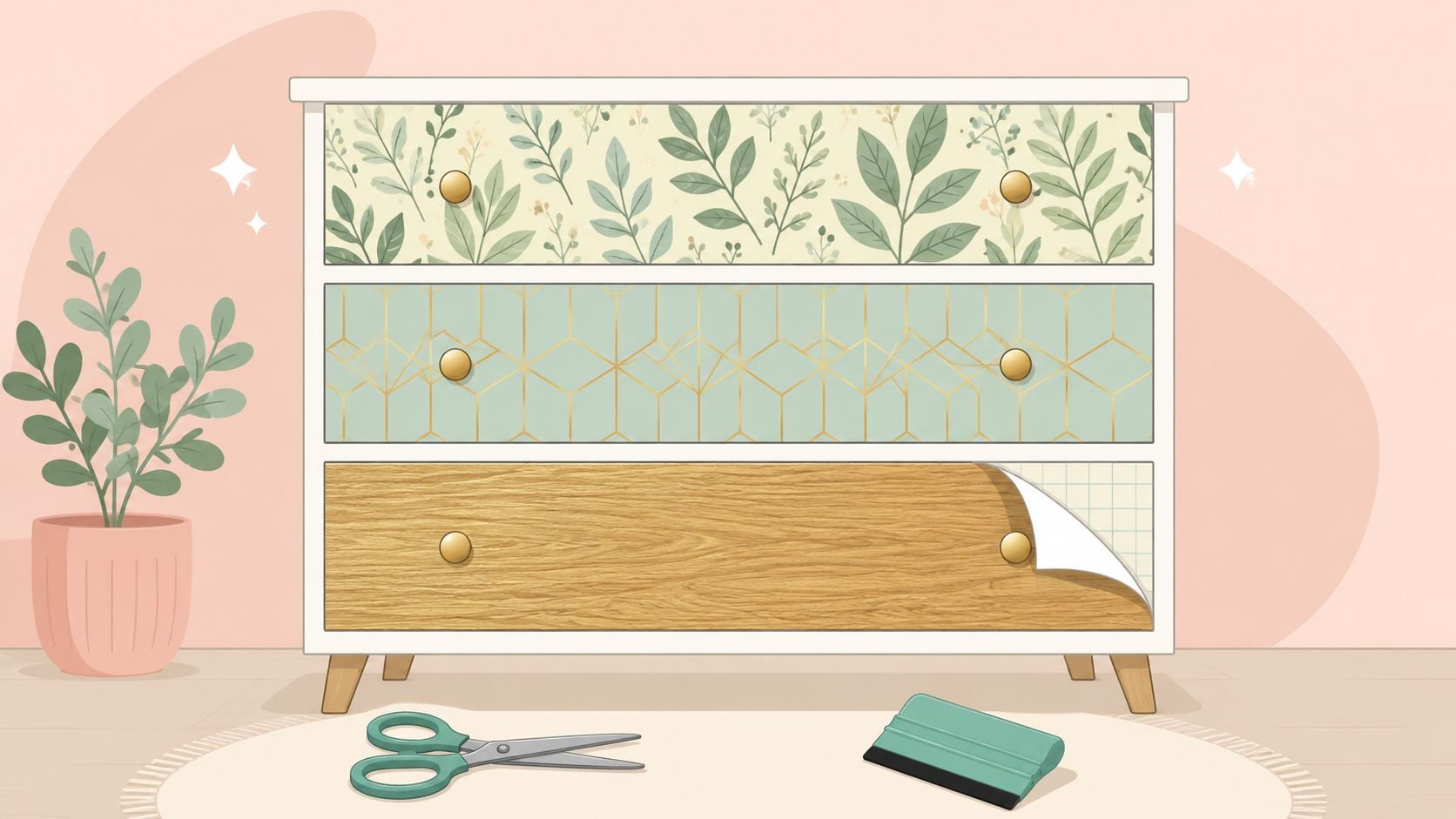 A dresser undergoing a DIY makeover with patterned contact paper and wood grain adhesive vinyl overlays.