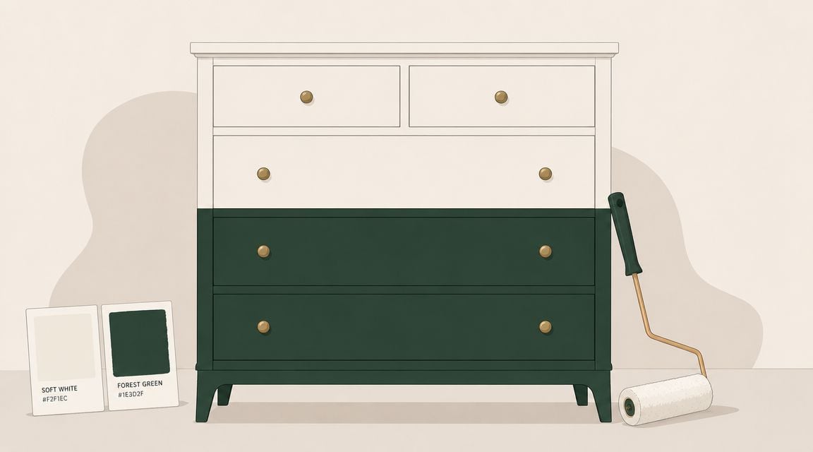 A minimalist graphic of a wooden dresser being painted in white and forest green colors with a paint roller.