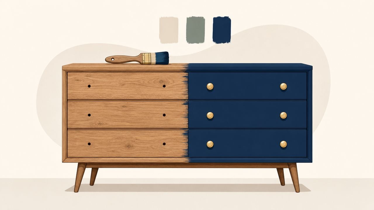 A mid-century modern wooden dresser being partially painted with a dark blue color and a paintbrush.