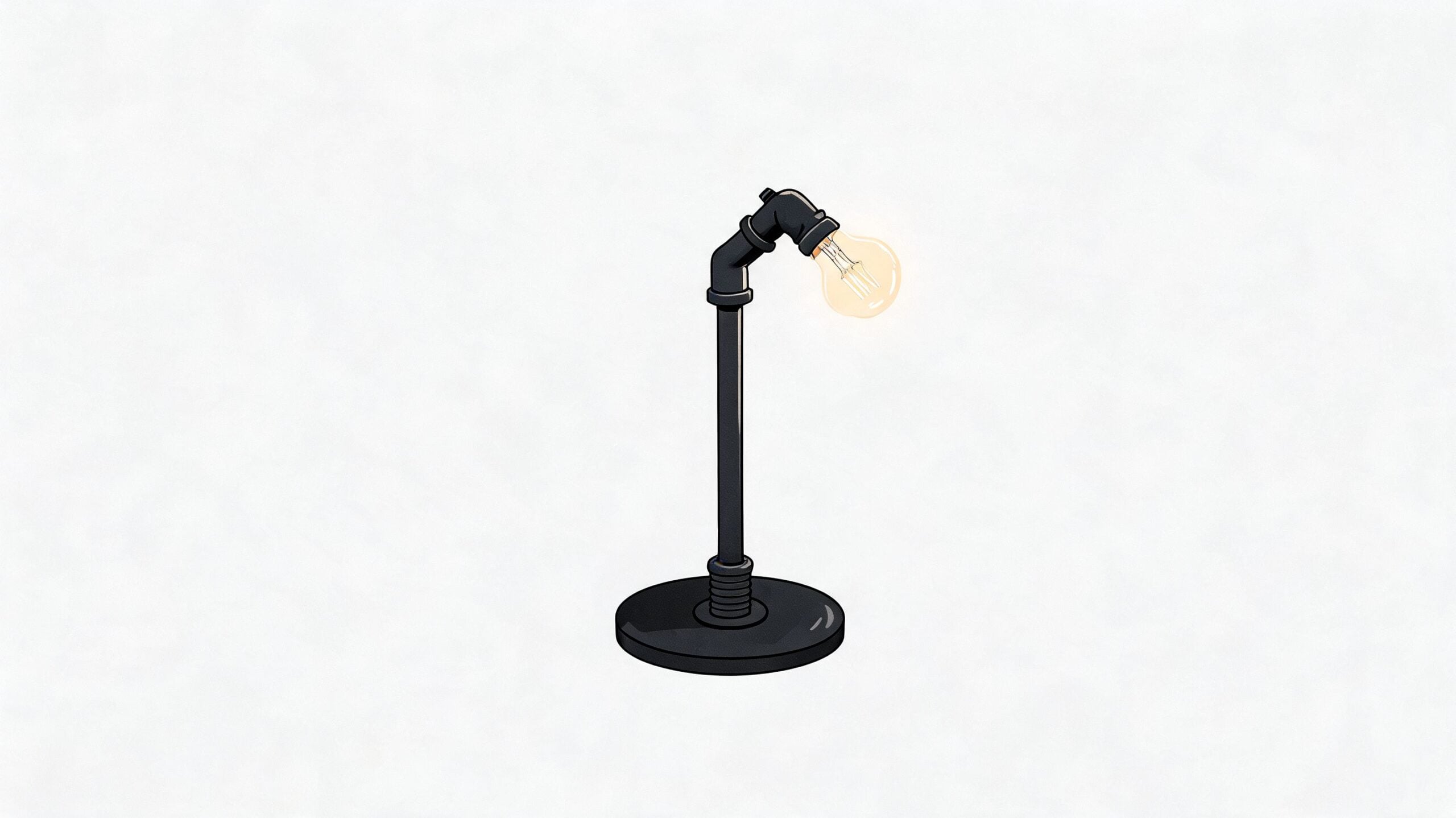 A minimalist industrial desk lamp made from black metal plumbing pipes with an exposed Edison light bulb.