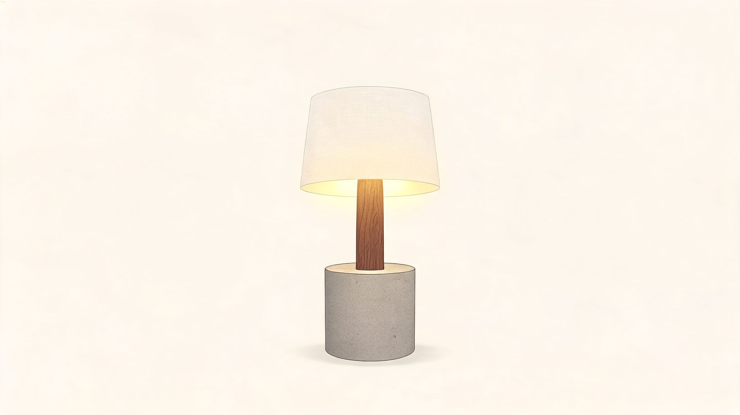 A modern minimalist table lamp with a textured concrete base and a sleek wooden neck.