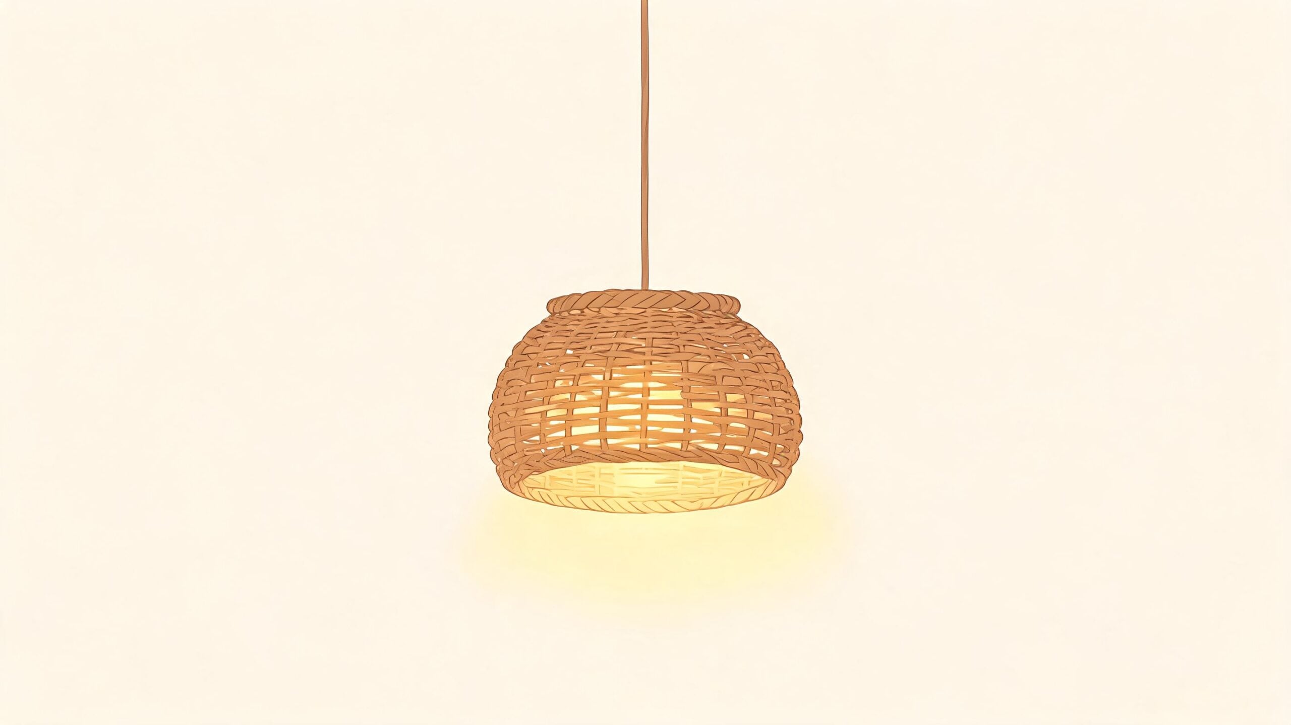 A minimalist wicker pendant lamp hanging from the ceiling, emitting a soft warm light against a plain background.