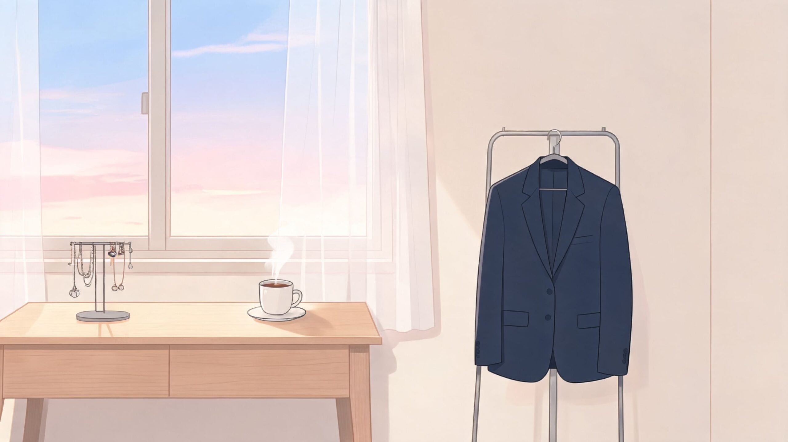A cozy, minimalist room featuring a wooden desk with a coffee mug and jewelry stand near a window.