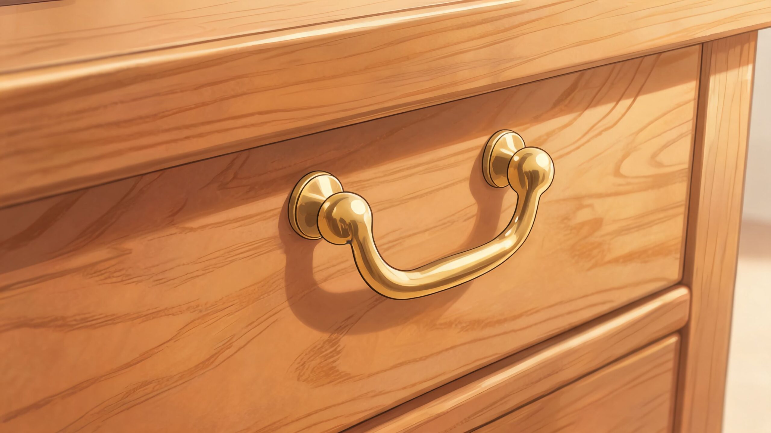 A close up view of a golden metal drawer handle on a wooden bedroom dresser cabinet.