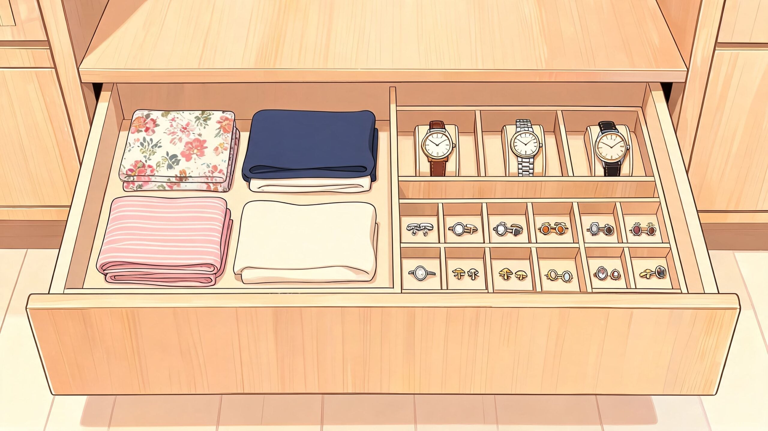 An open wooden drawer in a dressing room organized with folded clothes, watches, and small jewelry items.