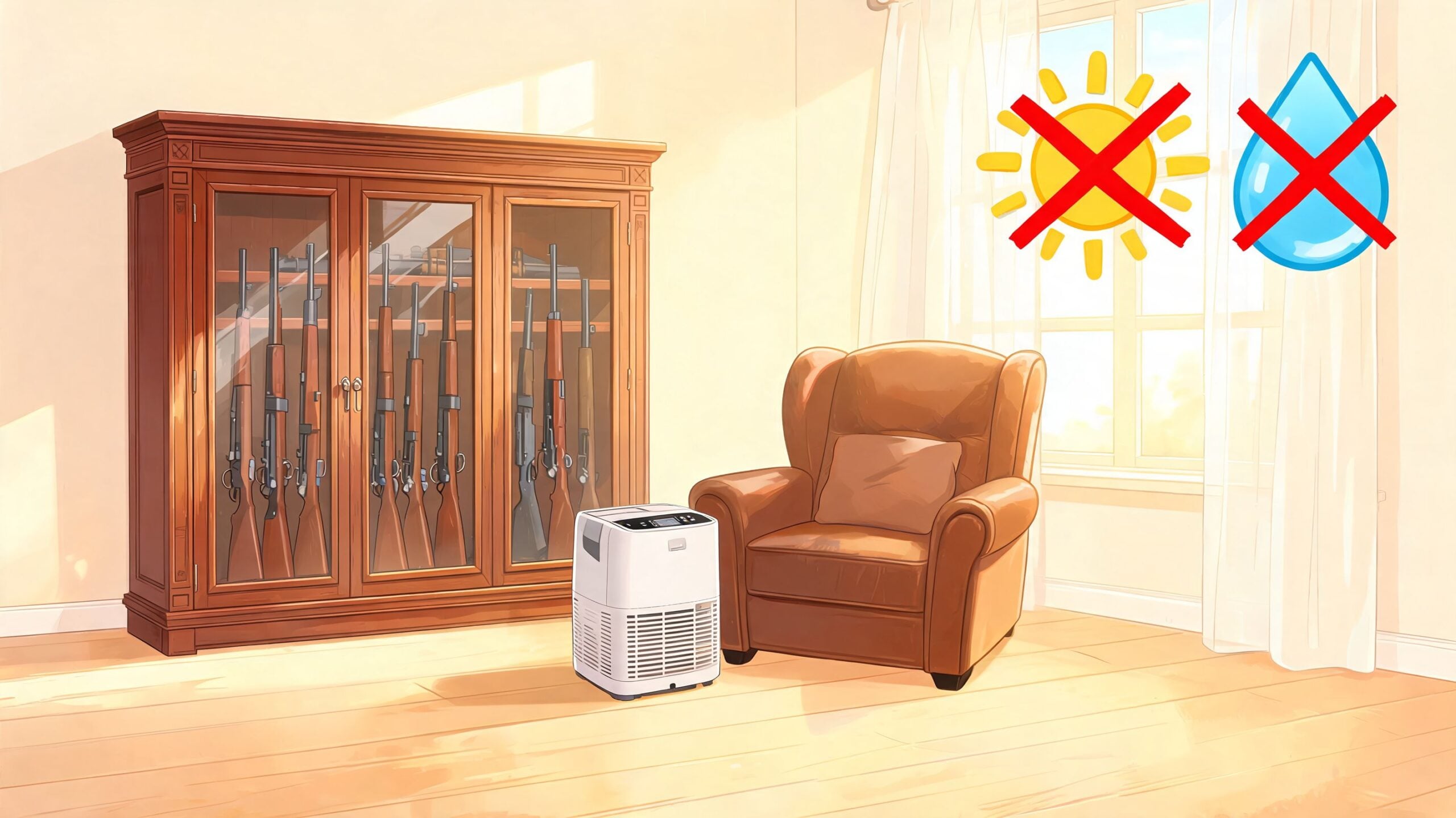 A wooden gun cabinet filled with rifles placed in a sunny living room with a chair.