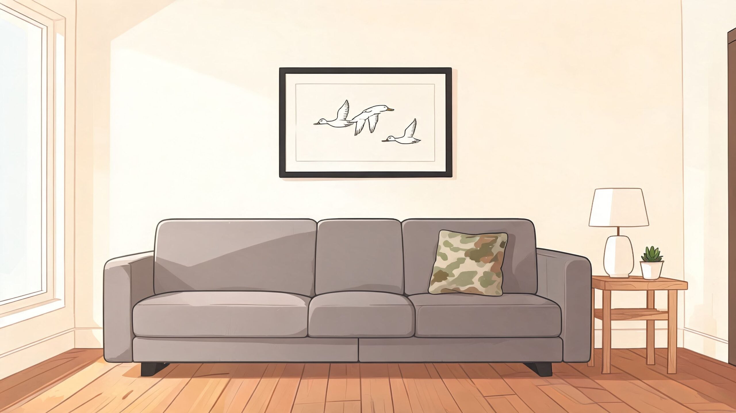 A minimalist living room featuring a grey sofa with a camouflage pillow under duck artwork.