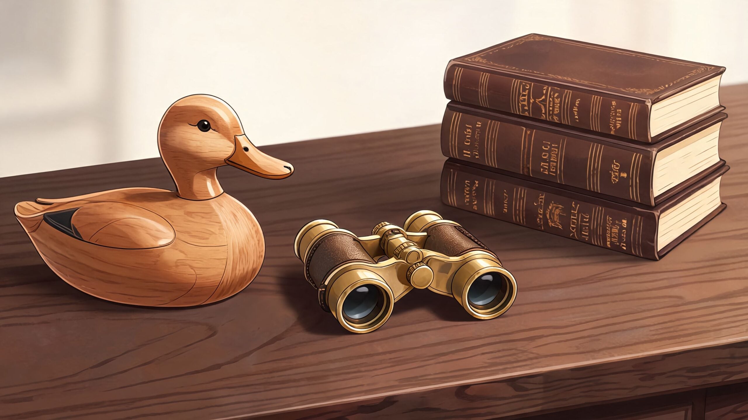 A wooden duck decoy, antique brass binoculars, and a stack of old books on a wooden desk.