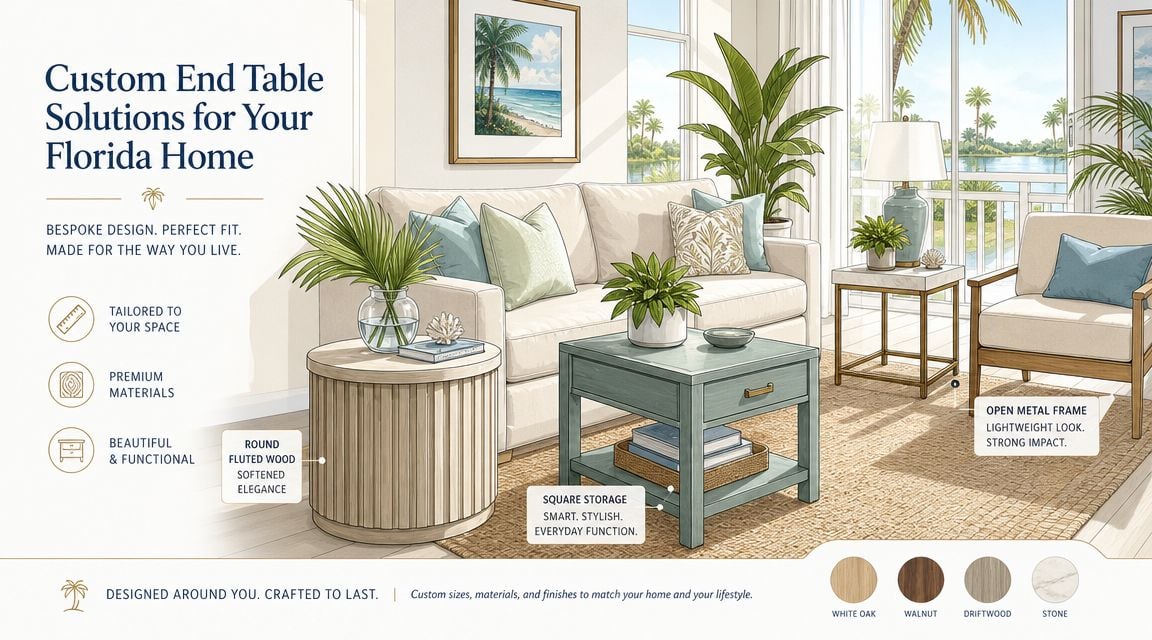 An illustration of a living room featuring various custom end table designs for a Florida home.