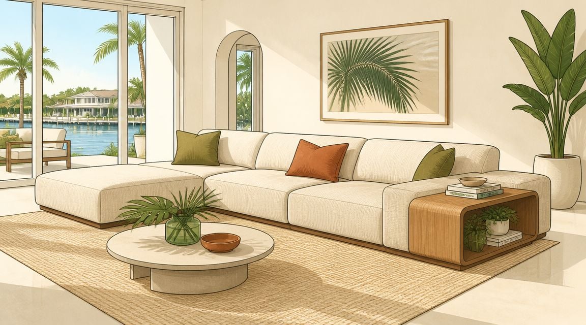 A modern coastal living room with a beige sectional sofa, natural wooden coffee table, and large window.