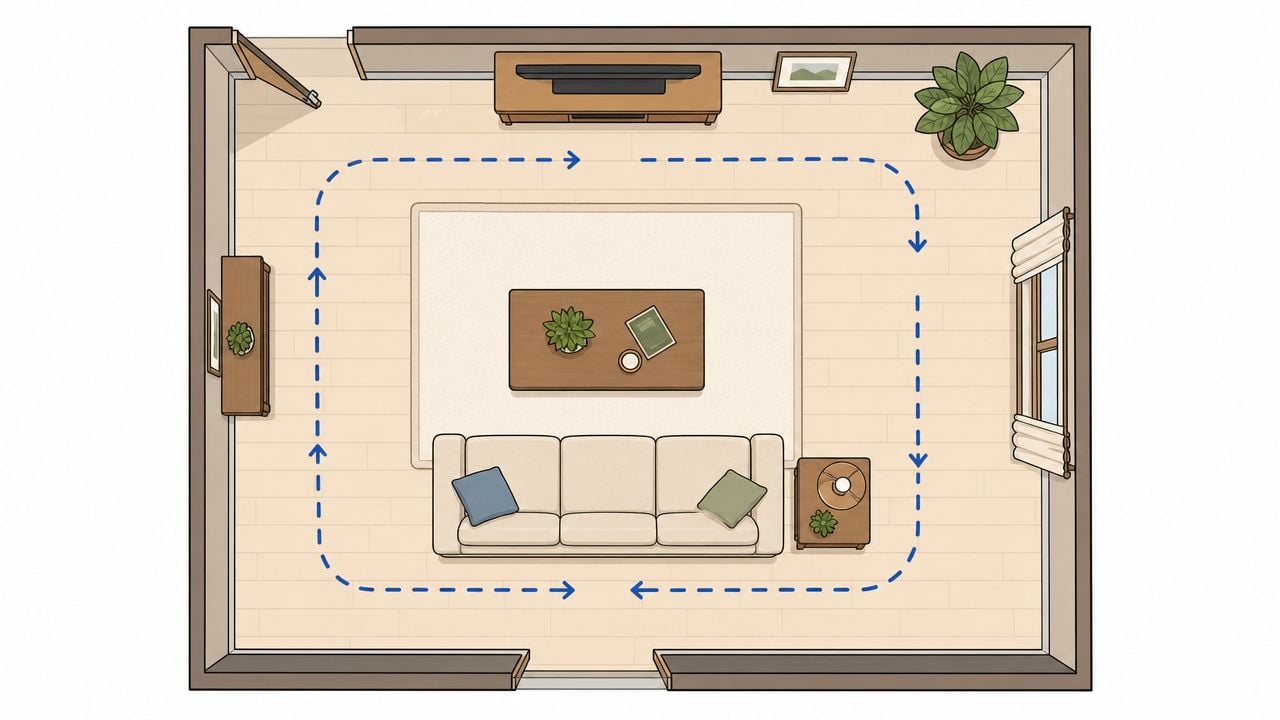 A top-down view of a cozy, organized living room featuring a sofa, coffee table, and area rug.