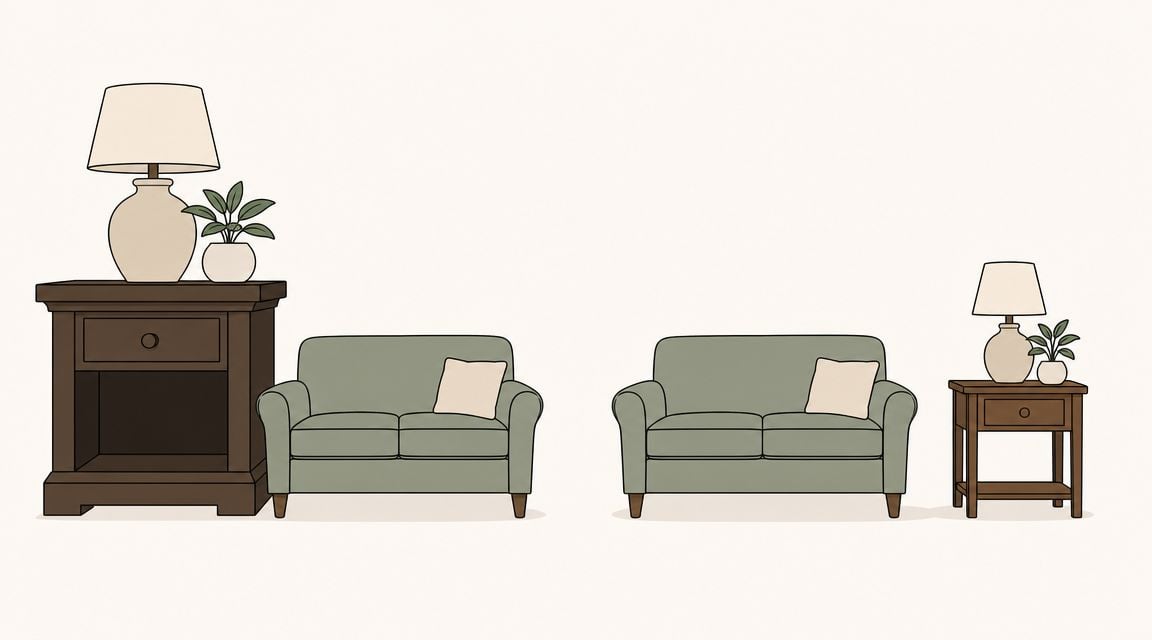 Two green loveseats placed between wooden end tables with lamps and small potted plants in the room.