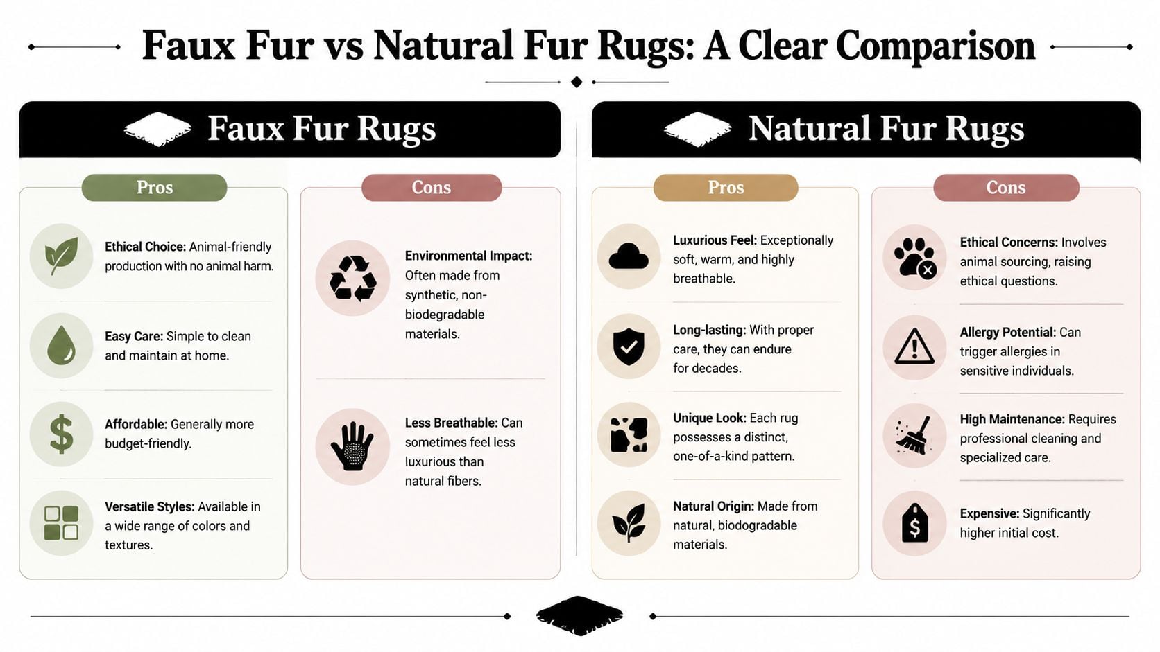 A comparative infographic outlining the pros and cons of choosing faux fur versus natural fur rugs.