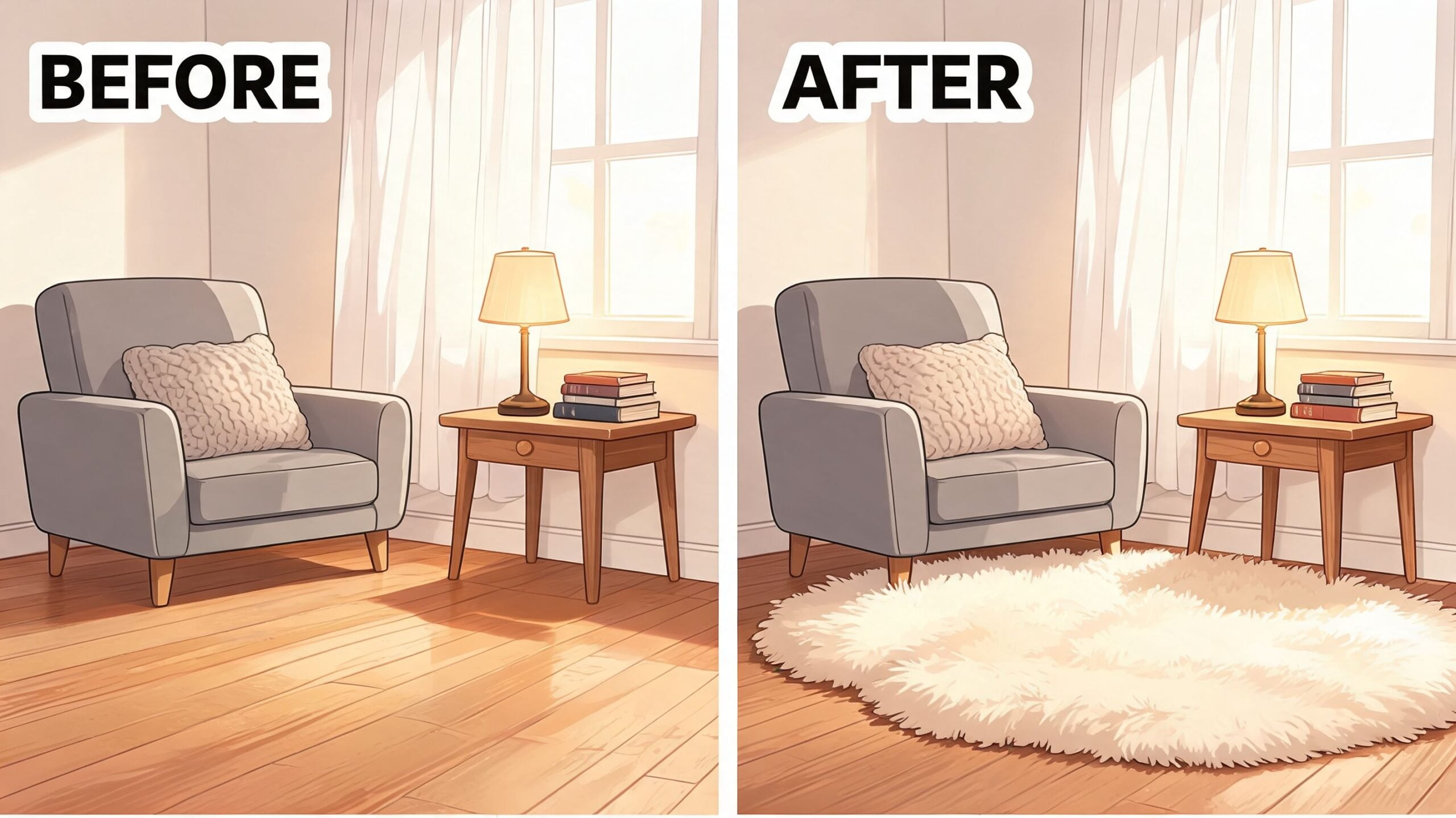 A living room corner comparing a bare wooden floor before and after adding a fluffy rug.