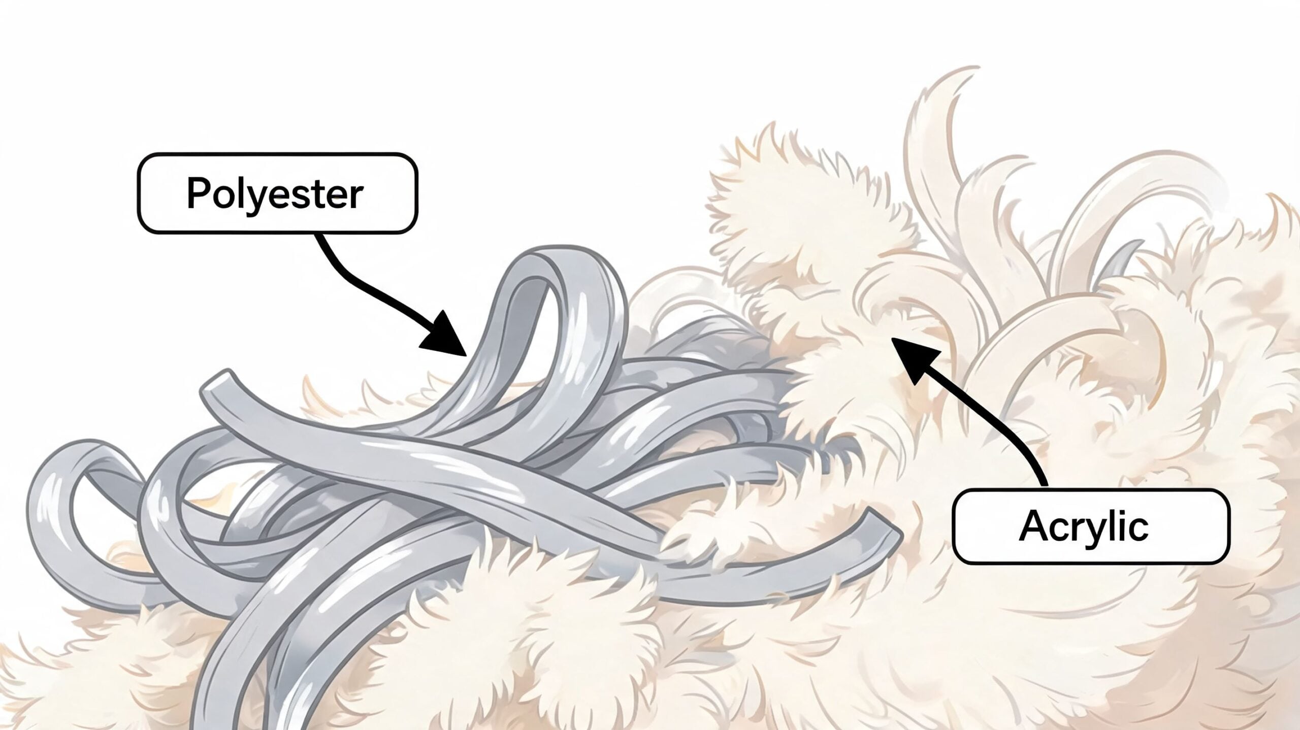 A diagram illustrating the difference between polyester and acrylic synthetic fibers in faux fur area rugs.