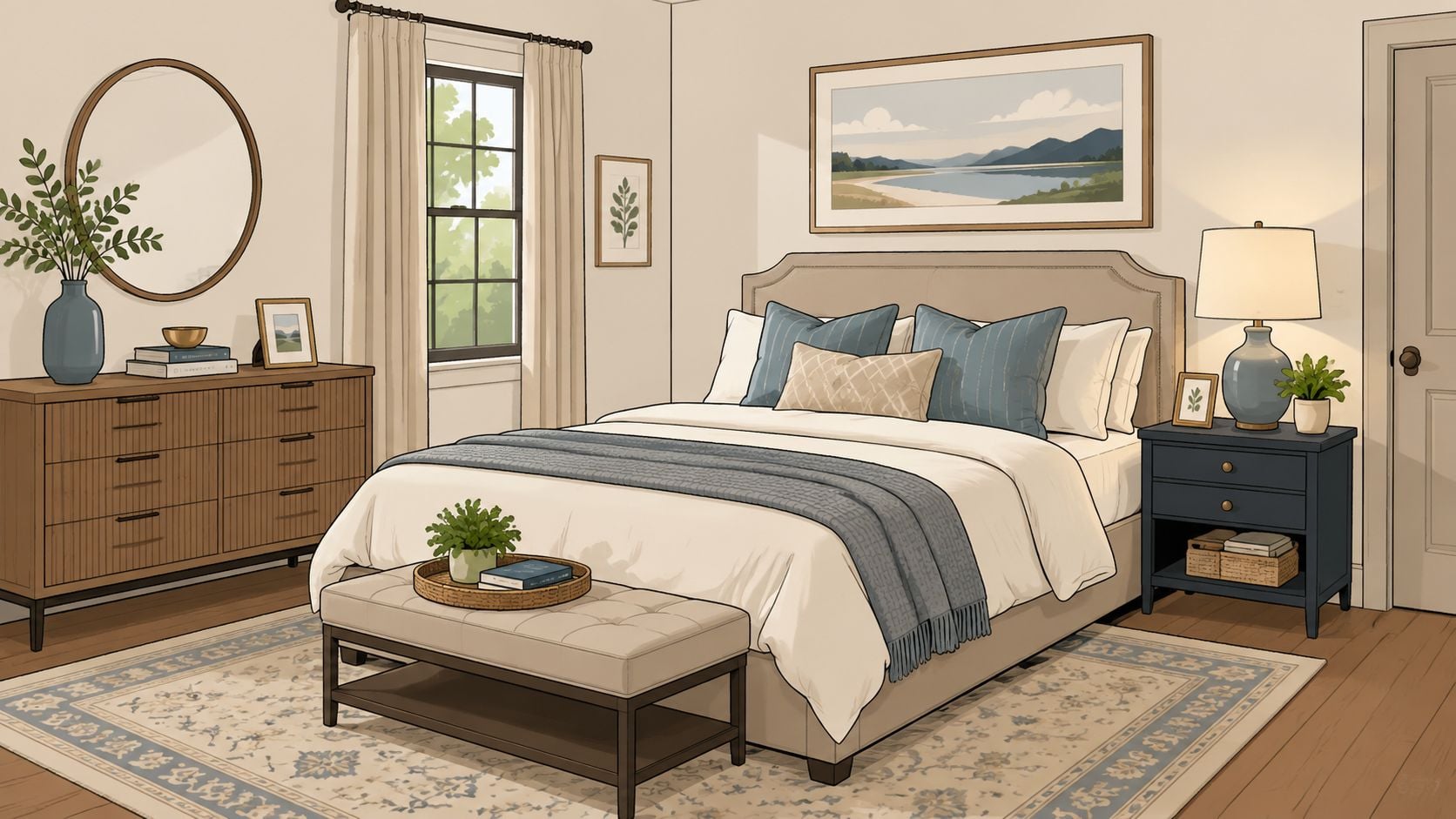 A cozy, well-decorated guest bedroom featuring a neatly made bed, bedside table, dresser, and elegant decor items.