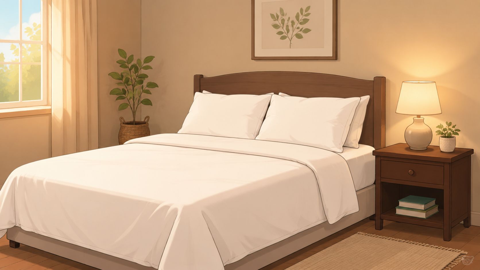 A cozy bedroom featuring a wooden bed frame, bedside table, plant, and warm lighting in daylight.