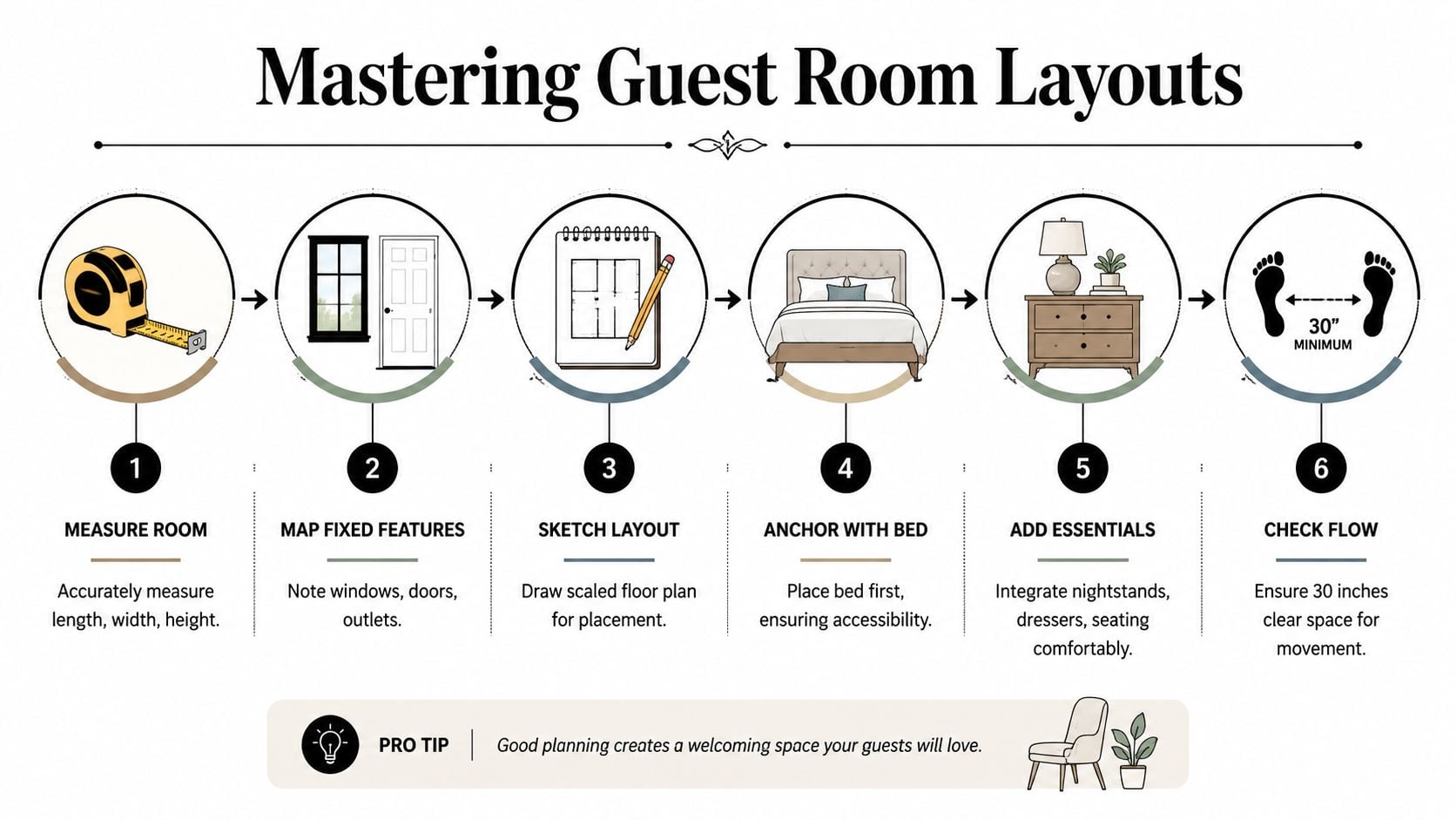An infographic titled Mastering Guest Room Layouts showing a six-step process for organizing a bedroom space.