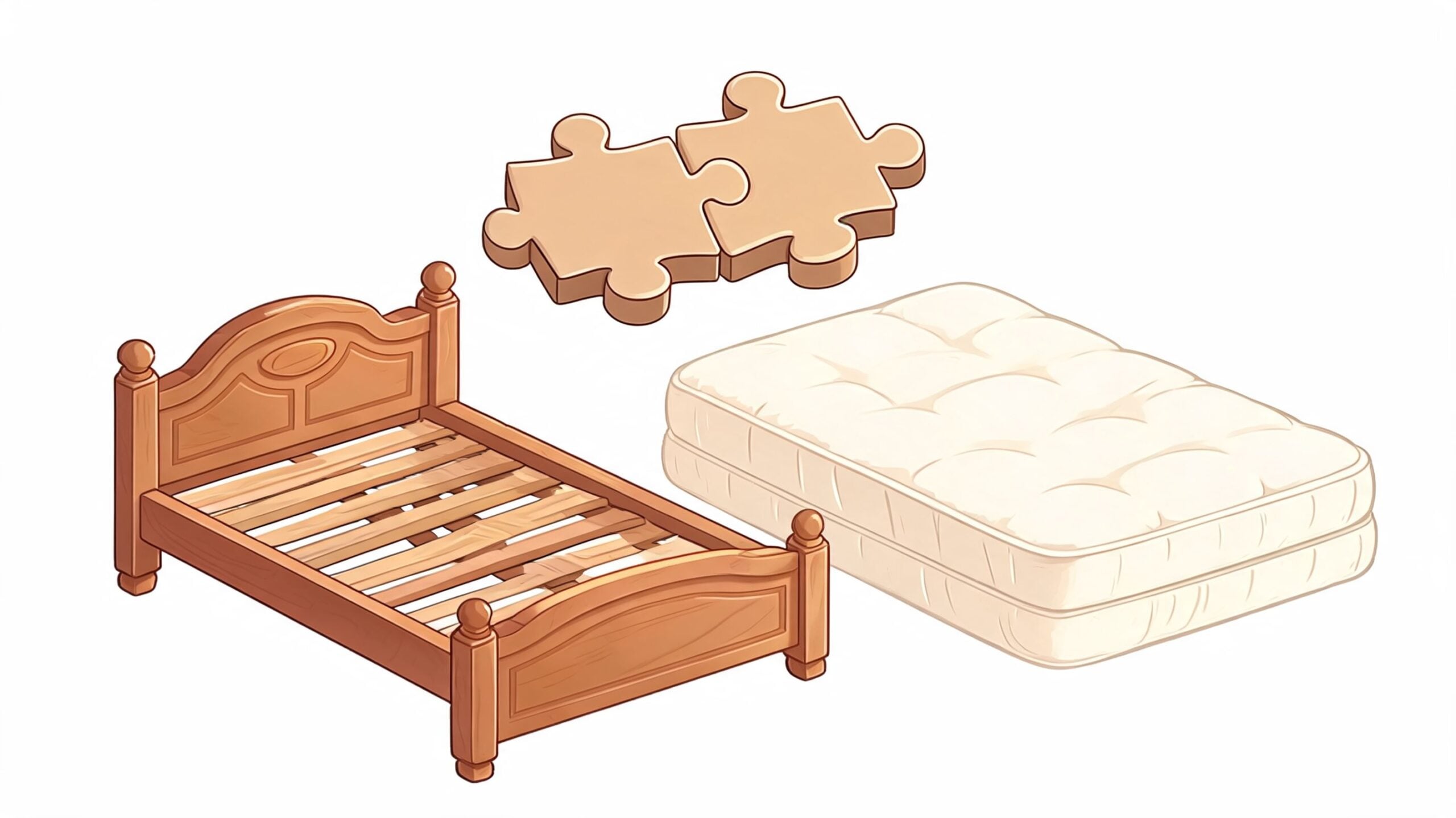 A wooden bed frame with a separate mattress and two puzzle pieces floating above the bed.