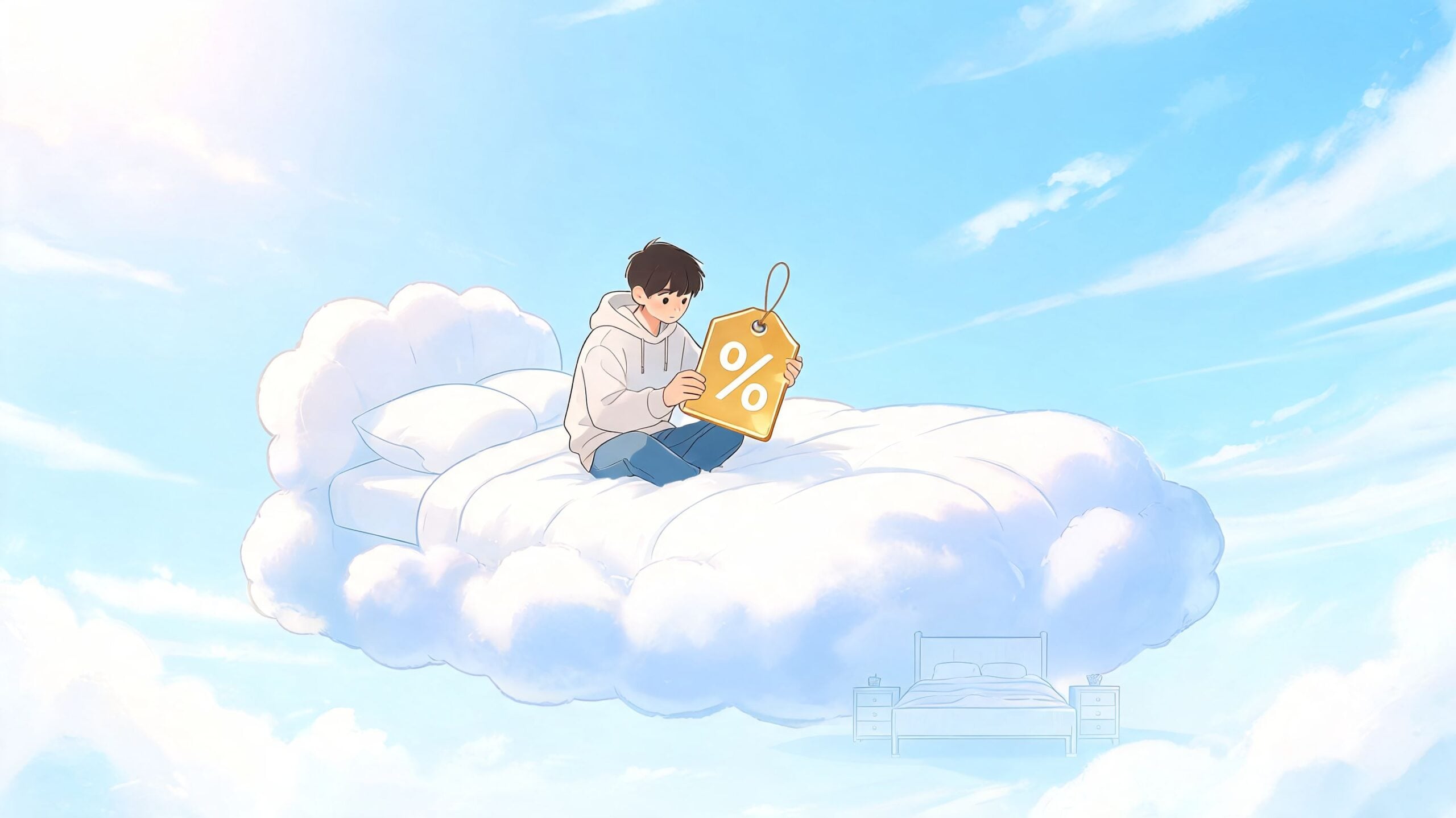 A young man sits on a cloud-shaped bed in the sky holding a percentage discount tag.