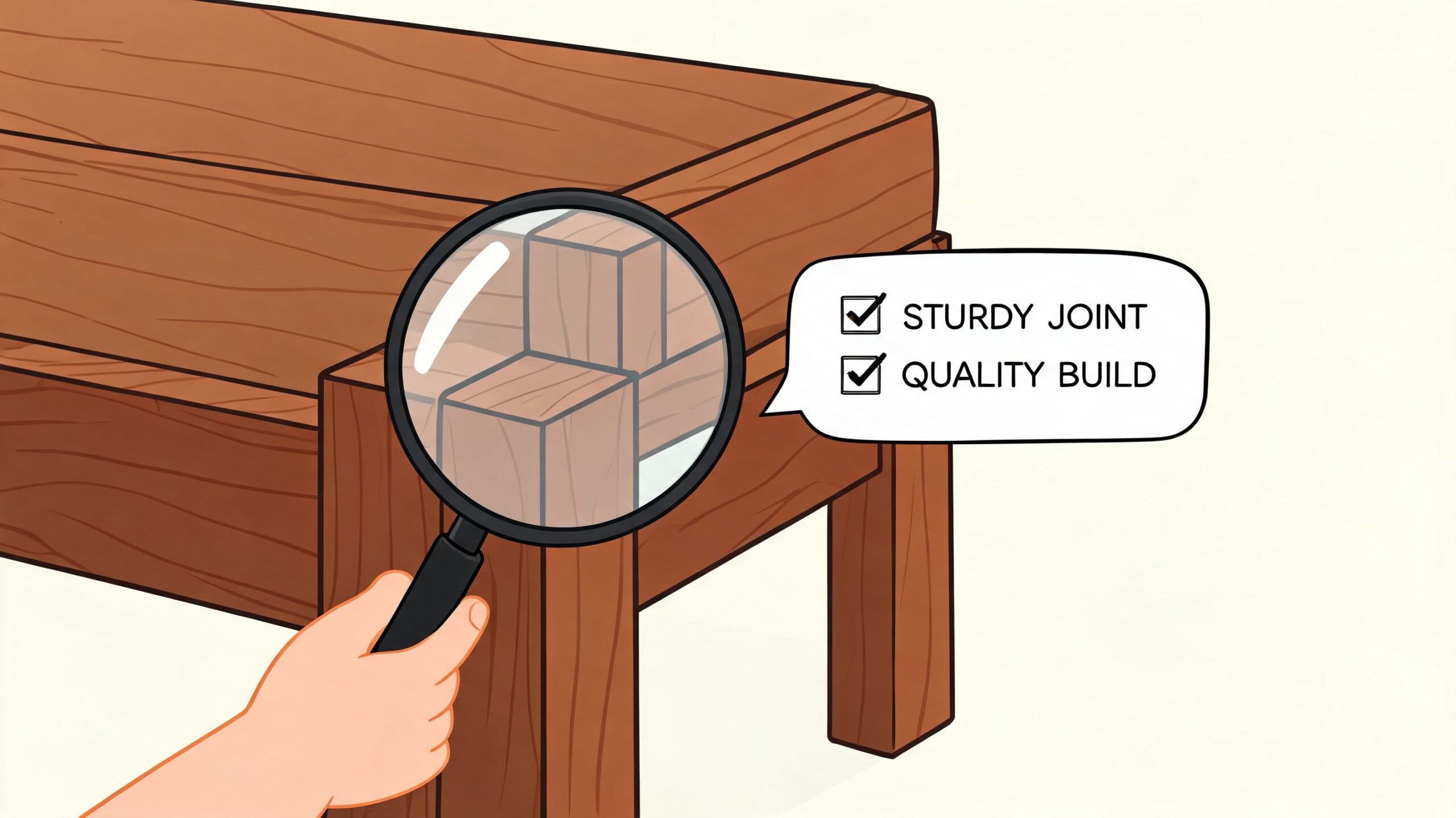 A magnifying glass inspects the corner joint of a wooden bed frame, highlighting its high-quality, sturdy construction.