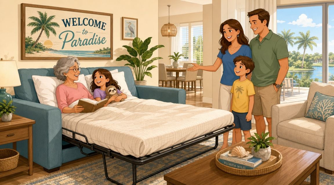 A happy family visiting a grandmother resting on a sleeper sofa in a comfortable coastal living room.