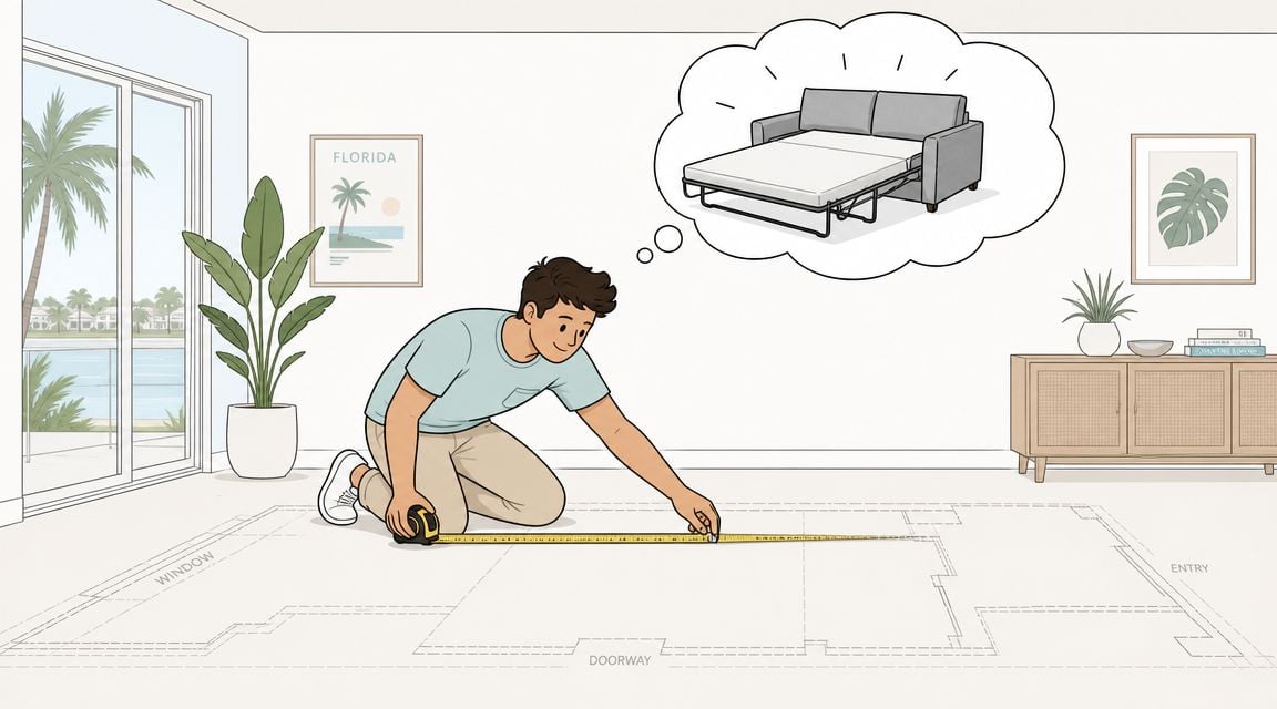 A man measuring the floor of a living room while visualizing a sleeper sofa in his mind.