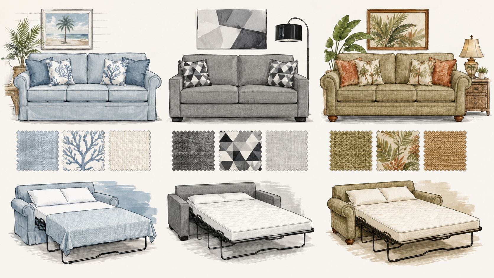 Three different living room sleeper sofa styles displayed with matching fabric swatches and extended bed configurations.