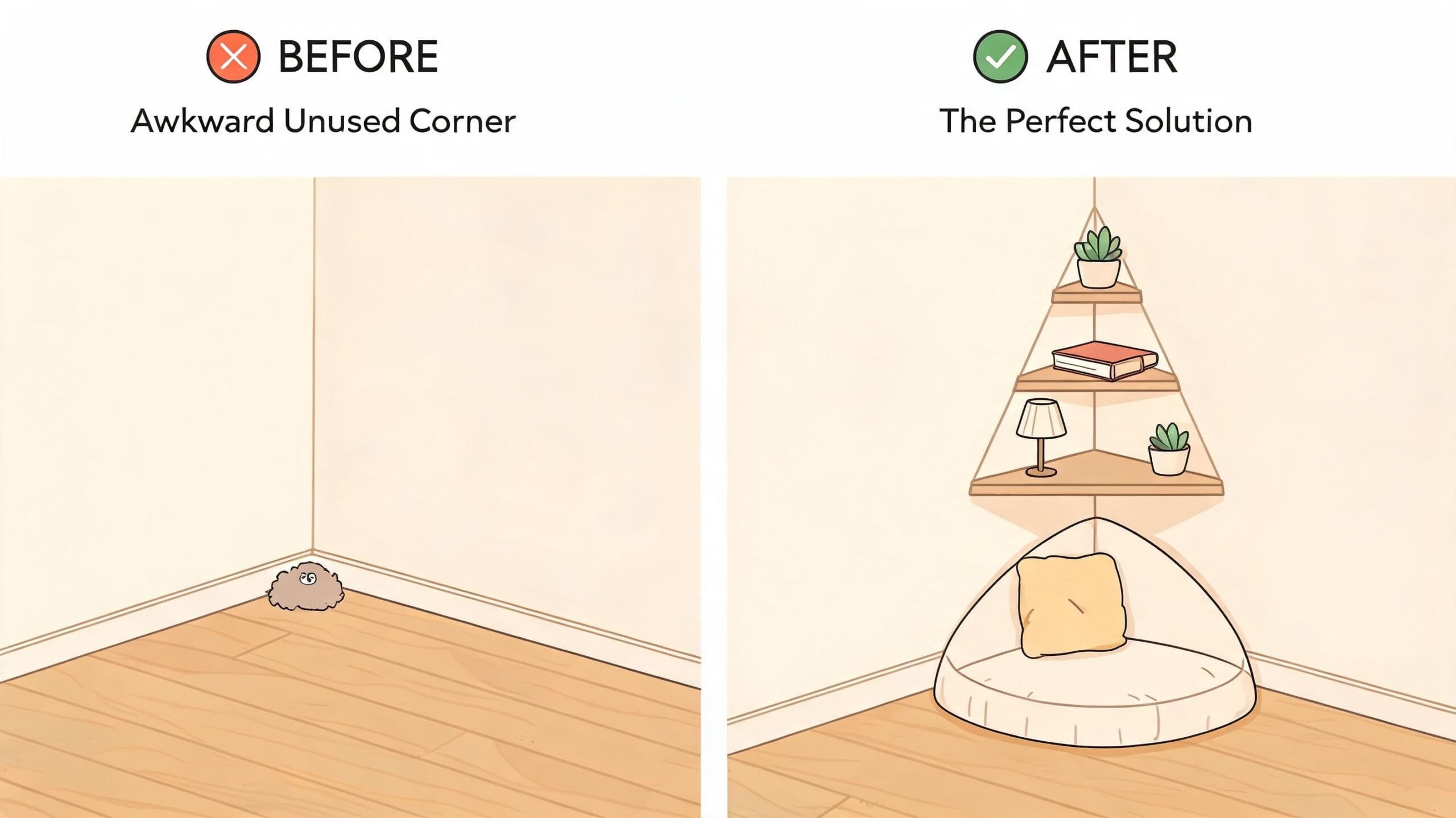A split image showing an empty corner before and after adding a corner shelf and pet bed.