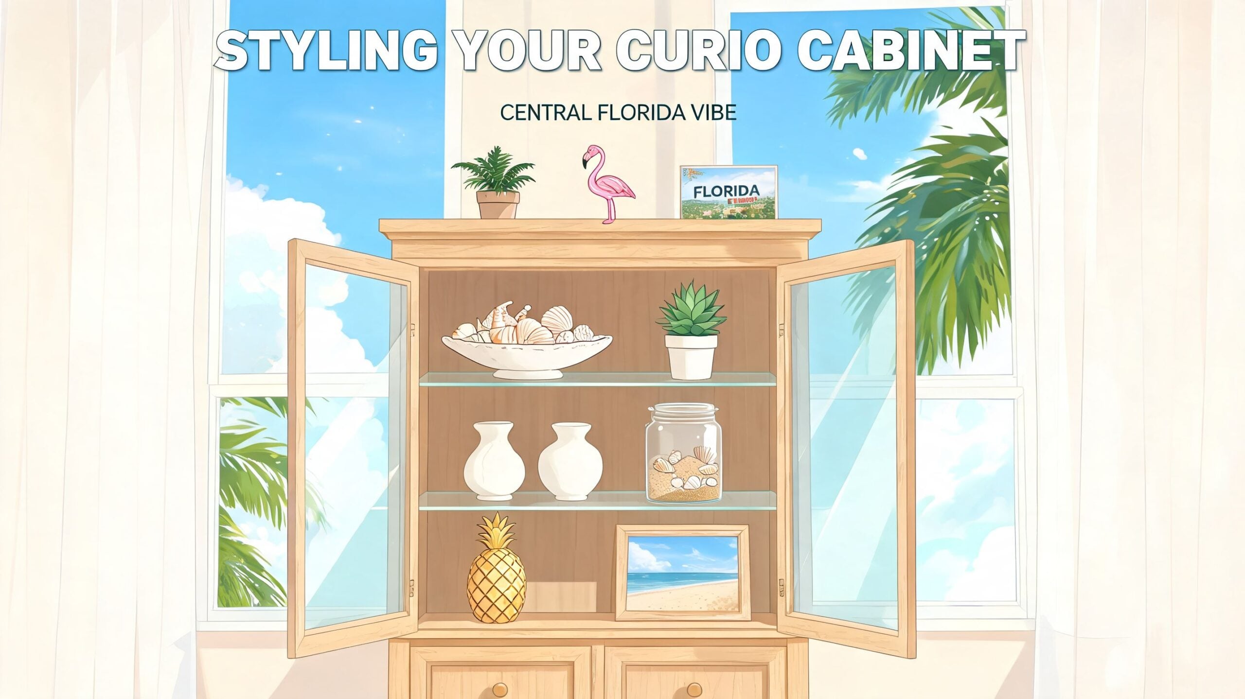 A wooden curio cabinet decorated with Florida-themed items like seashells, pineapples, and a pink flamingo figurine.