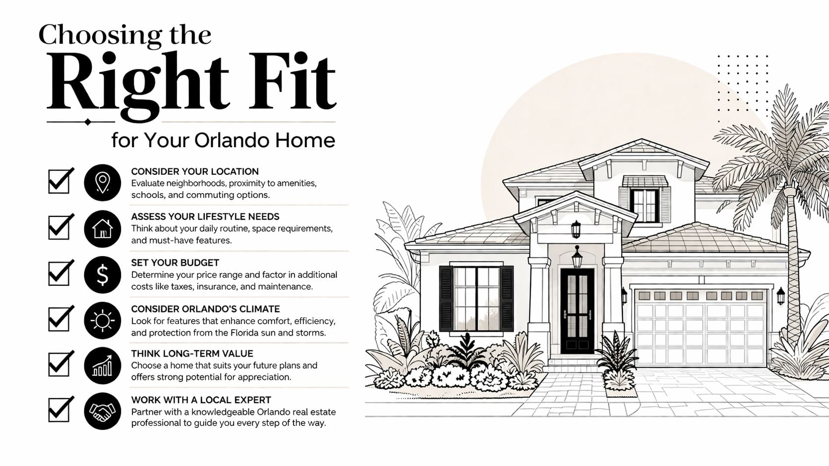 An infographic titled Choosing the Right Fit for Your Orlando Home, listing six home-buying tips.