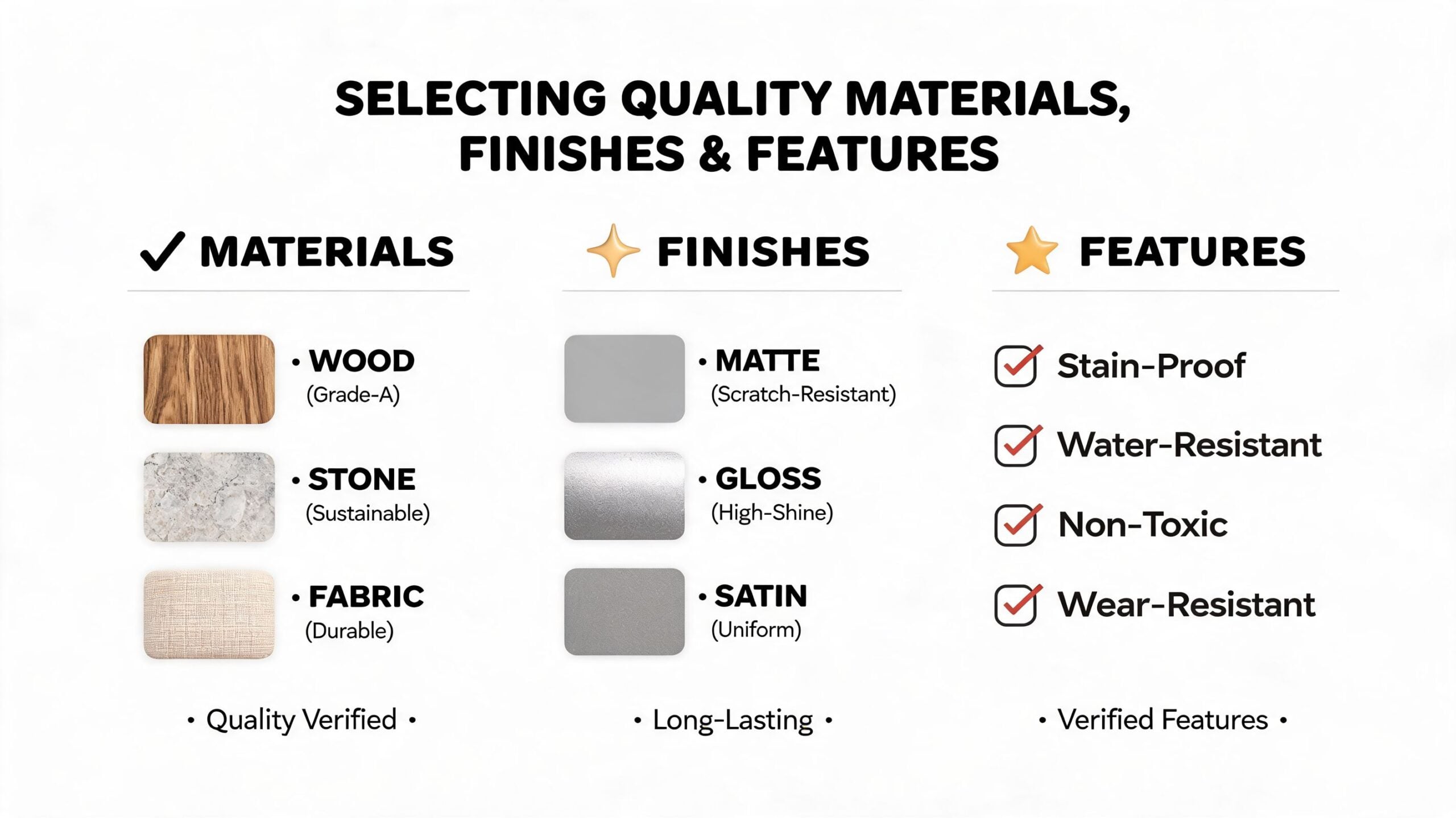 An infographic detailing furniture material options, finishes, and features like being stain-proof, water-resistant, and non-toxic.