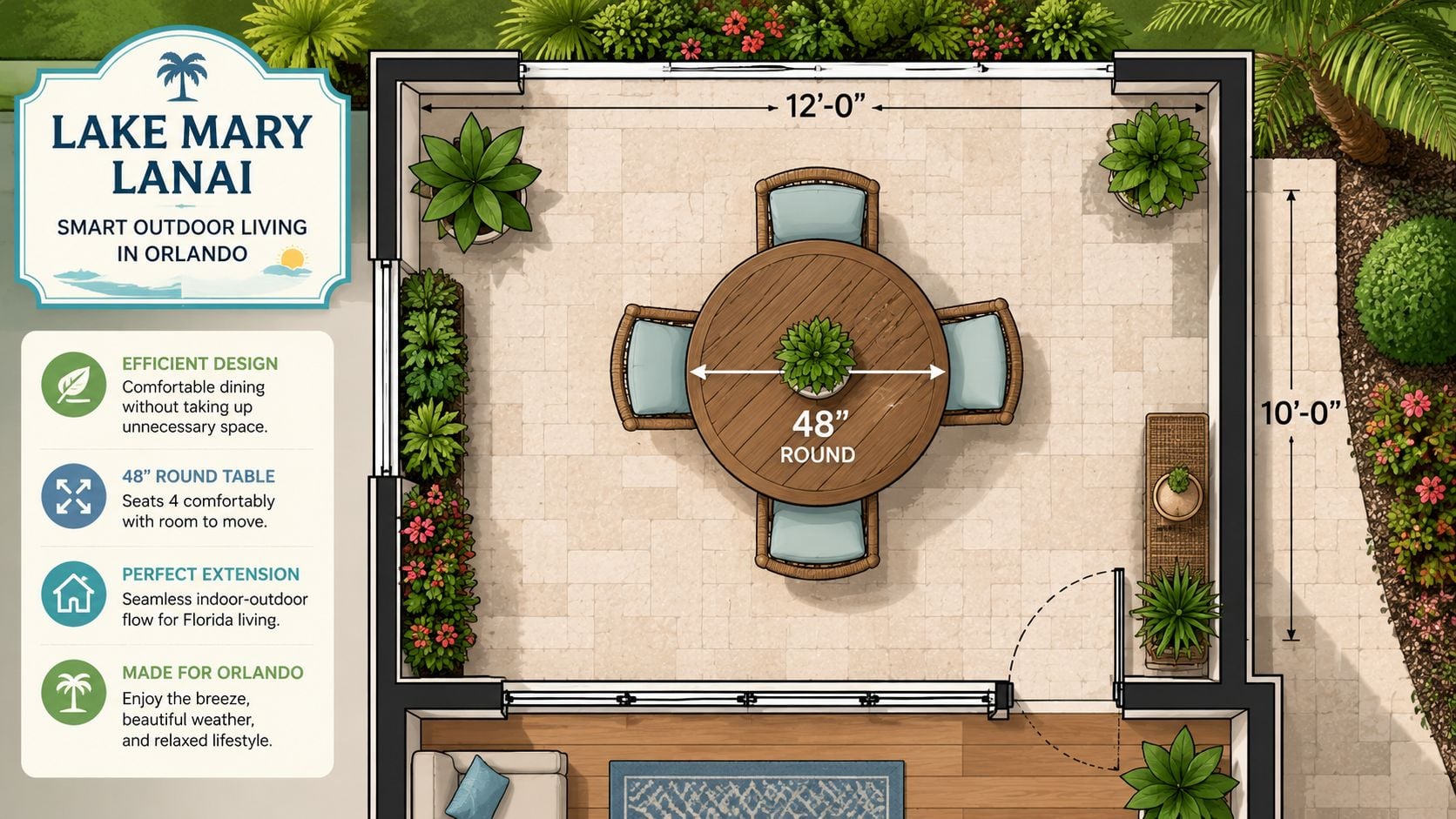 A professional top-down architectural floor plan for an outdoor patio featuring a forty-eight inch round table.