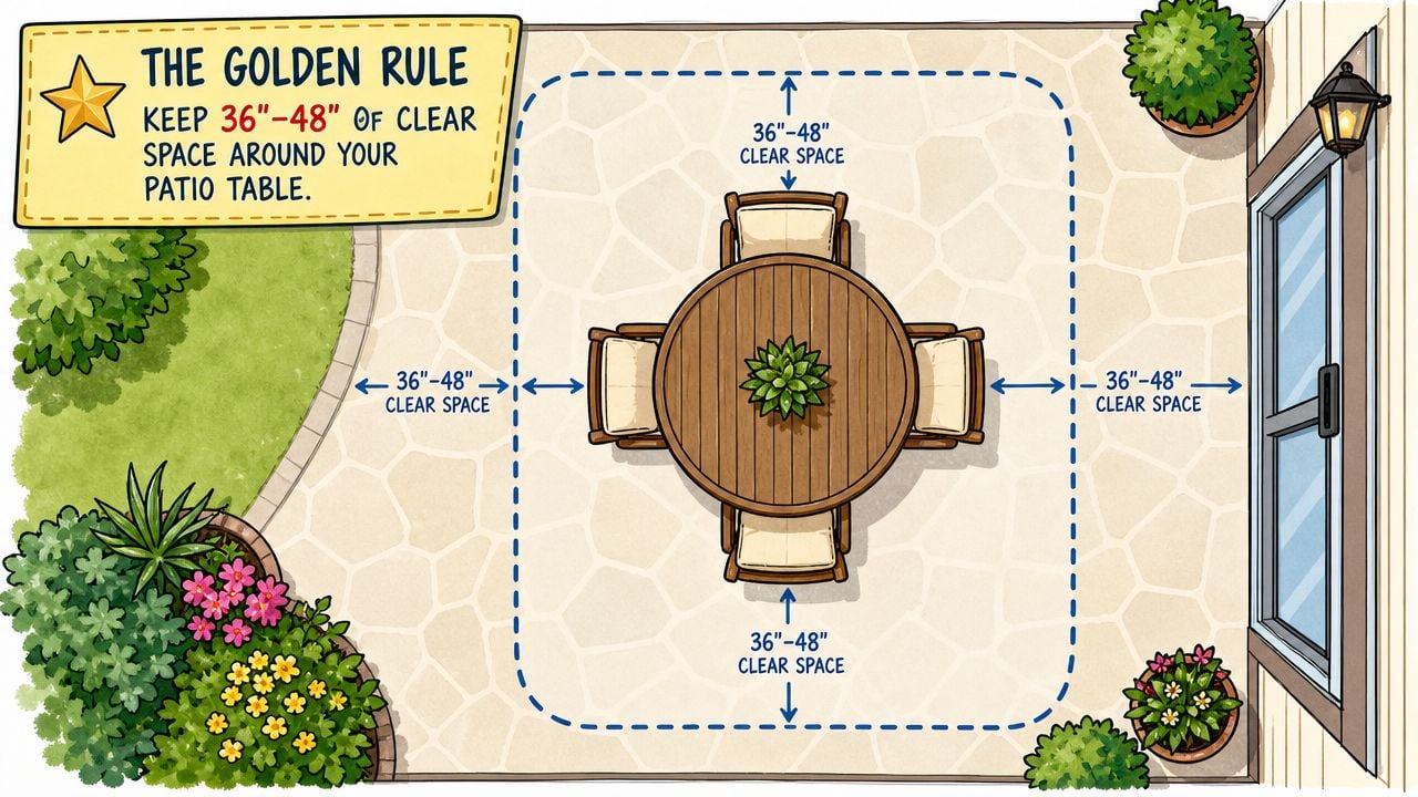 A diagram illustrating the golden rule for patio table placement with 36 to 48 inches of clearance space.