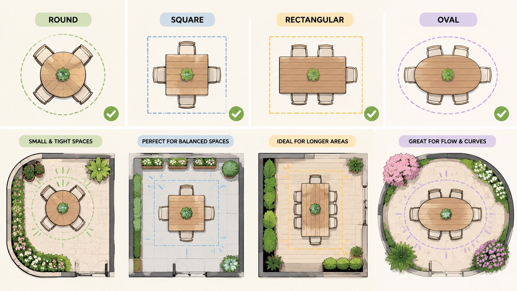 A diagram comparing round, square, rectangular, and oval patio tables and their ideal placement in various garden layouts.