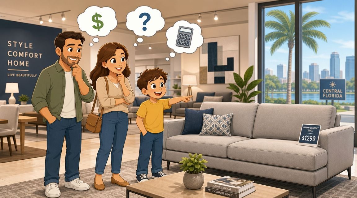 A family in a furniture store looking at a sofa with pricing, considering purchase and budget options.