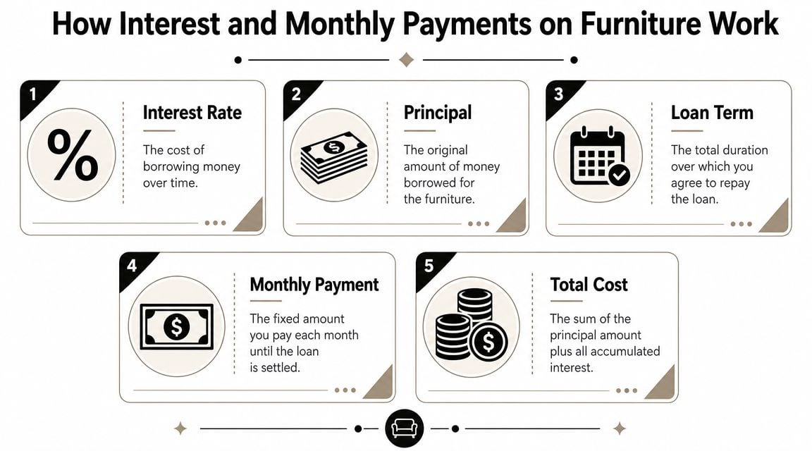 An infographic explaining the five key components of furniture financing including interest, principal, term, payments, and total cost.