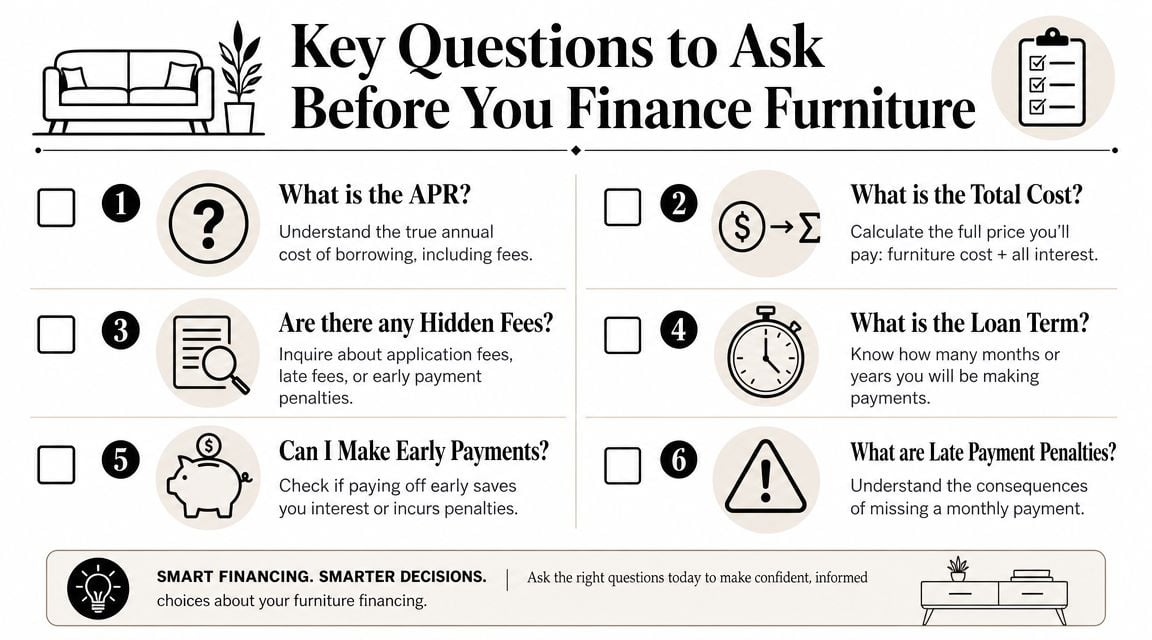 An infographic listing six essential questions to consider before opting for furniture financing plans.