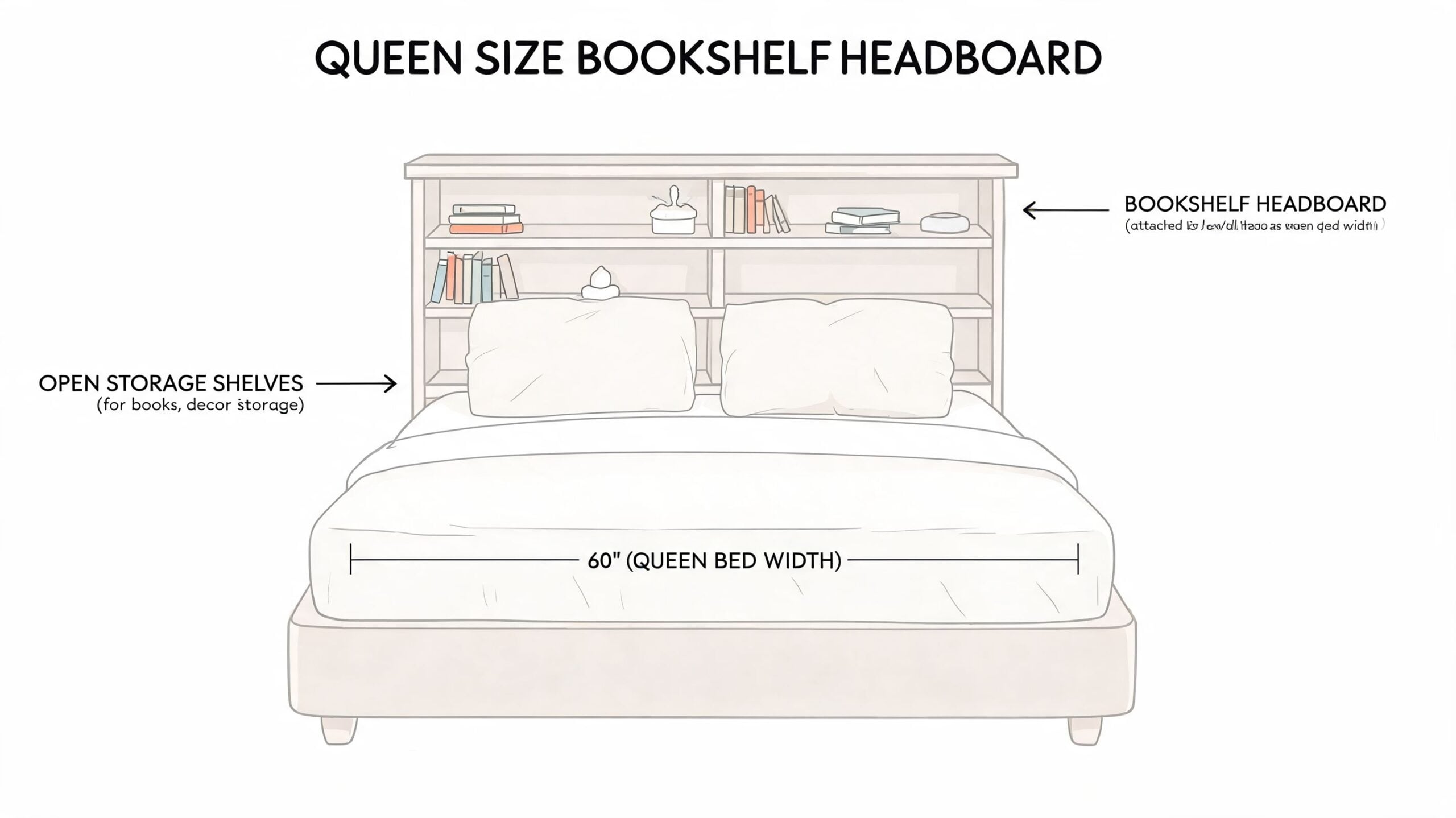 A line drawing illustration of a queen size bookshelf headboard featuring open storage shelves above a bed.