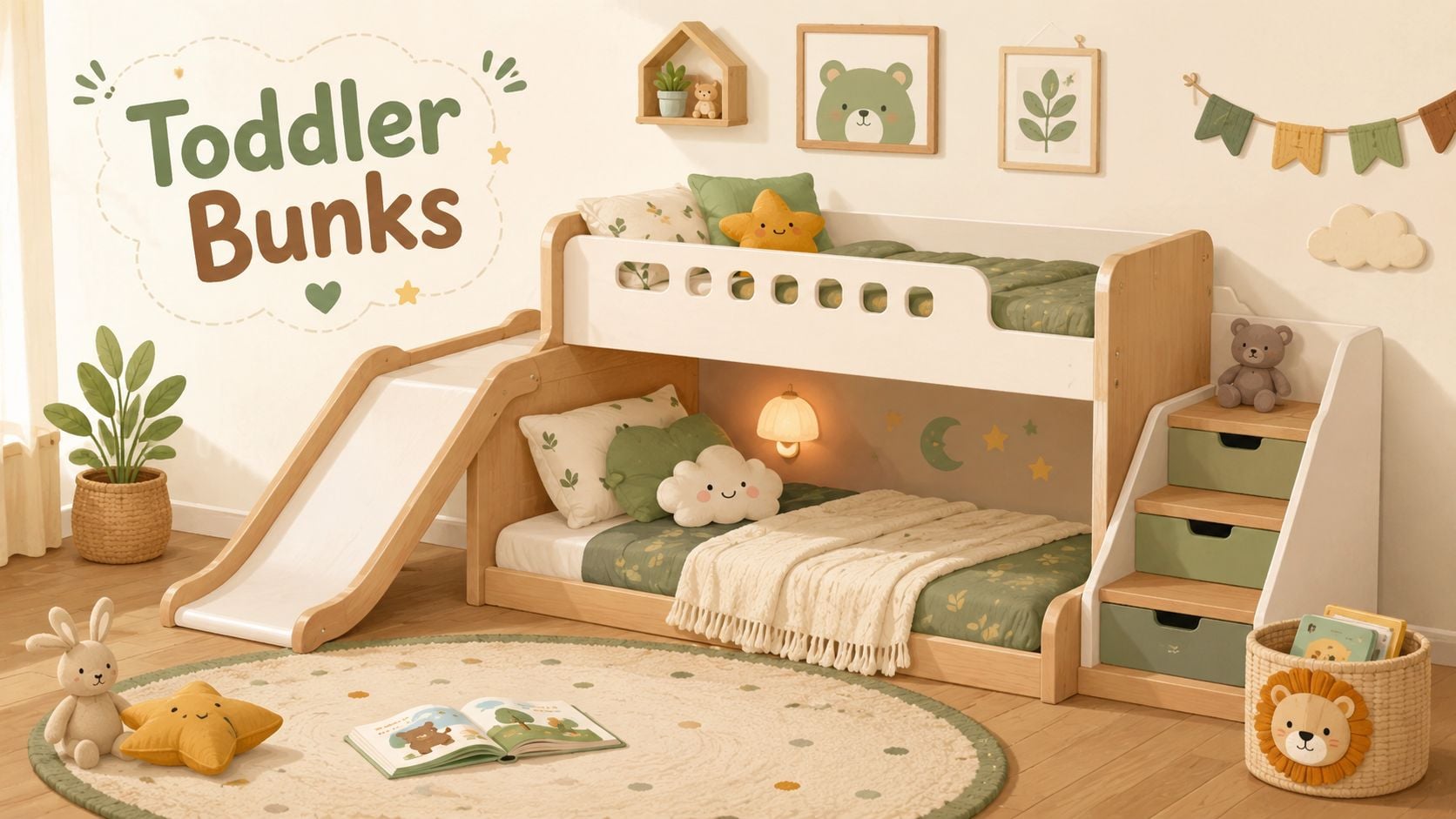 A cozy toddler bunk bed with a slide, stairs with storage, and whimsical nature-themed nursery decor.